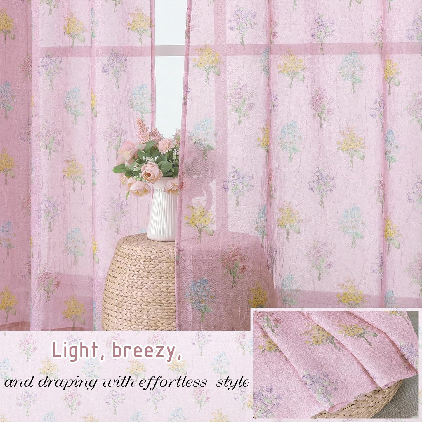 Ebesto Crushed Floral Sheer Curtains 63 Inch Length - Light Filtering Printed Sheer Flower Patterned Curtains for Bedroom, Spring Romantic Rod Pocket Window Drapes, 2 Panels, 42Wx63L, Blush Pink
