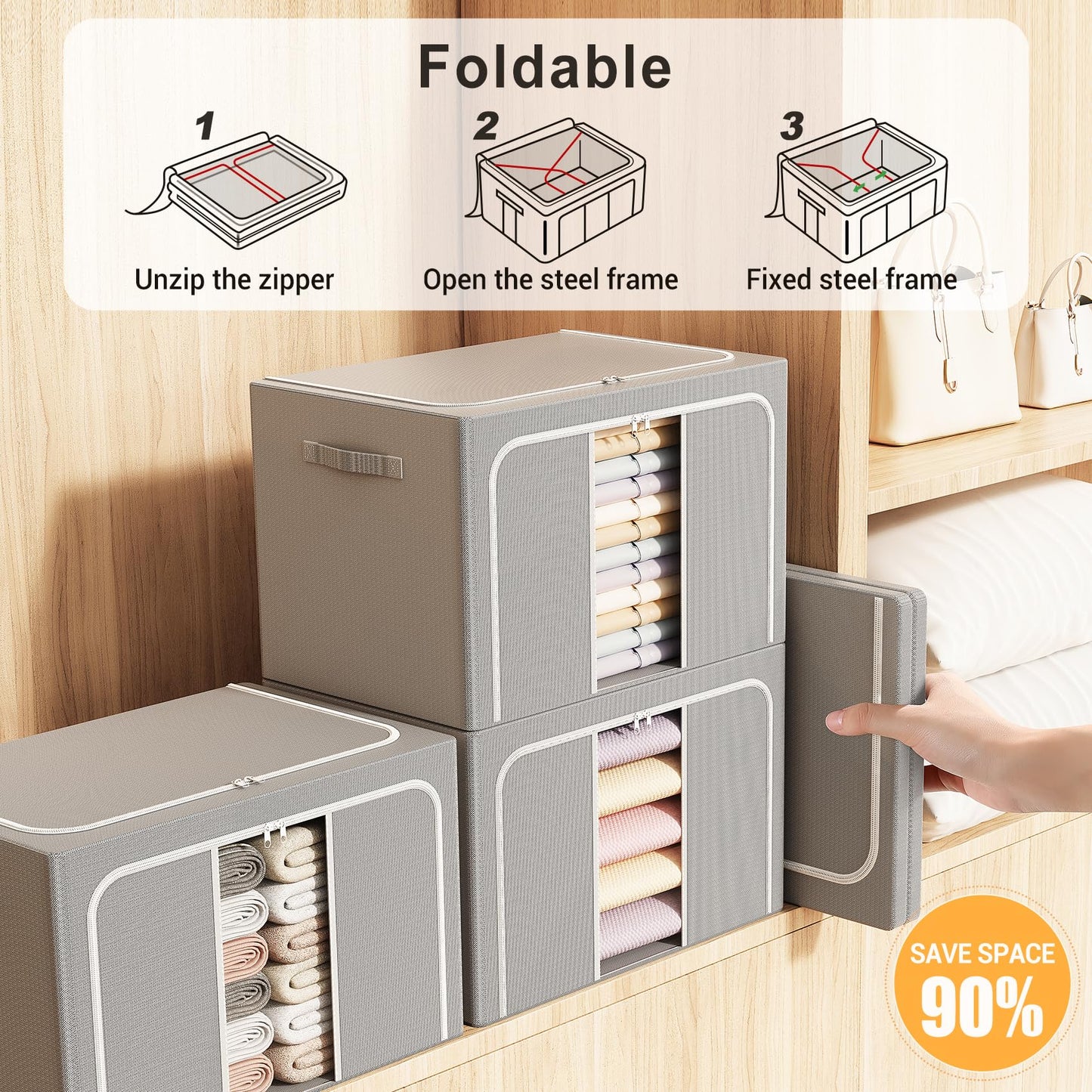LeArex Clothes Storage Bins with Metal Frame Foldable Storage Box Clothes Organizers Storage Containers for Clothes Sheets Blankets Books Toys Gifts and Holiday Decorations (66Lx3 Pack)