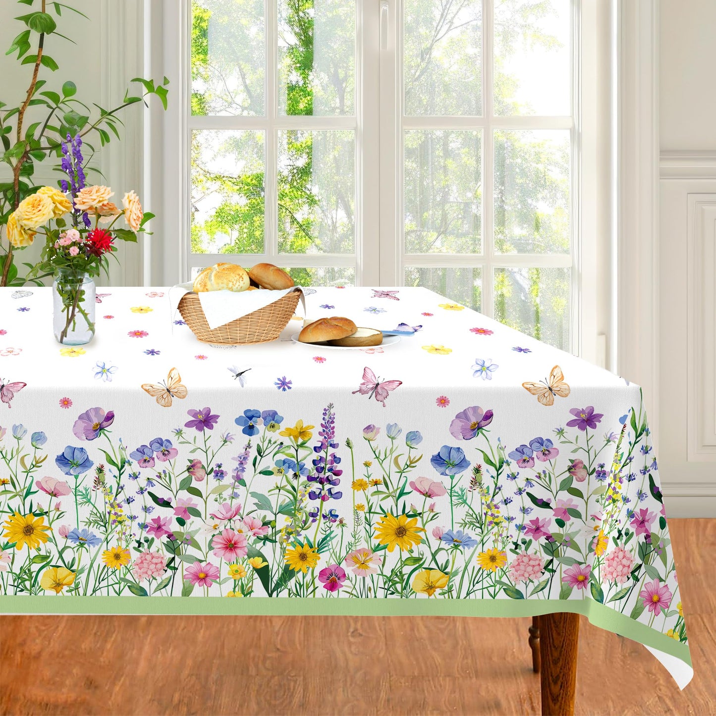 CC HOME 1Pc Blooming Wildflower Party Plastic Tablecloth 54 x 87 Inch Long Table Cover, Spring Butterfly Party Tablecover for Floral Theme Kids Baby Shower Birthday Dinner Picnic Kitchen Event