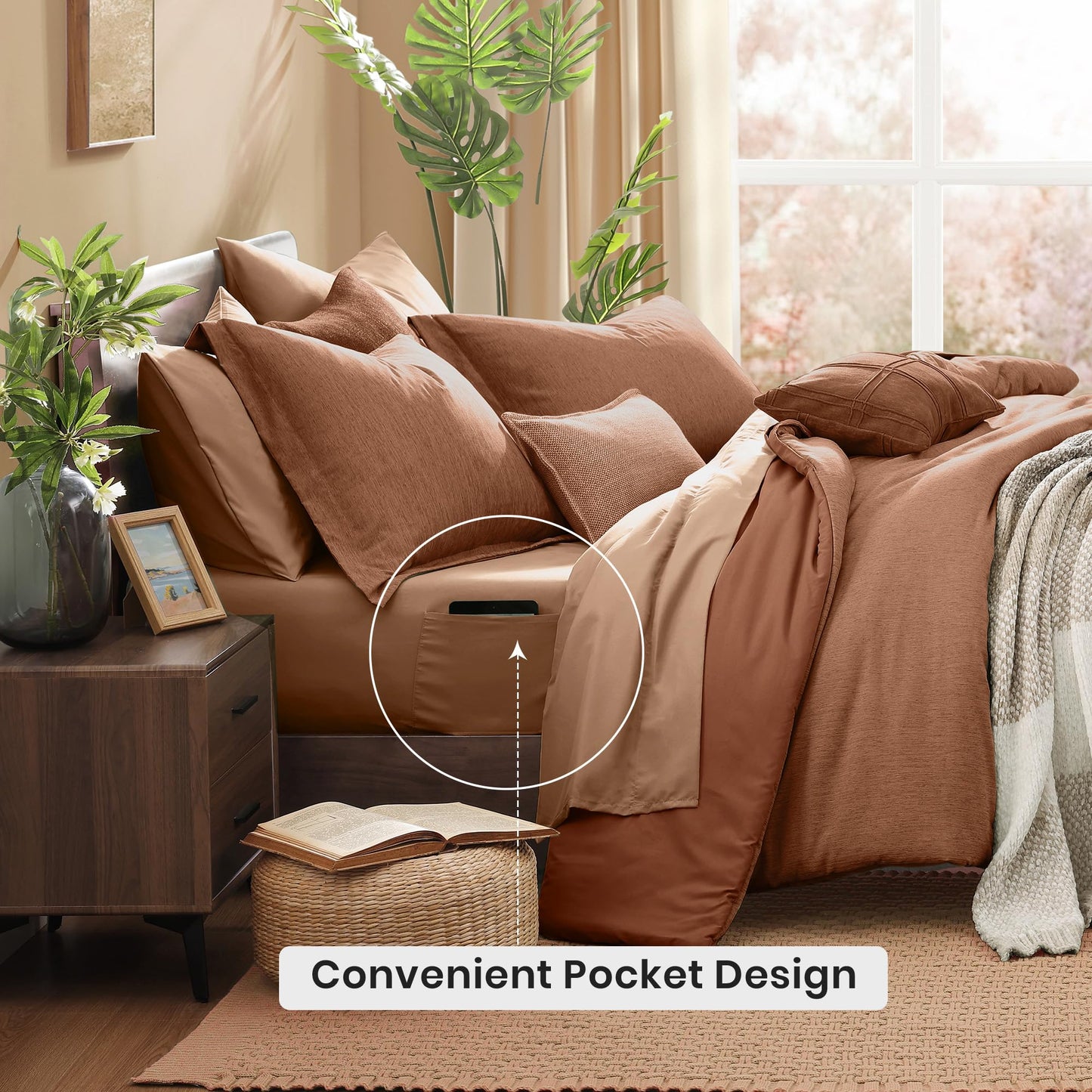 Monbix Queen Comforter Set - 7 Pieces Cationic Dyeing Autumn Leaf Bed in a Bag Queen Bedding Sets with Comforter, Sheets, Pillowcases & Shams, Reversible Bedding Comforters Sets