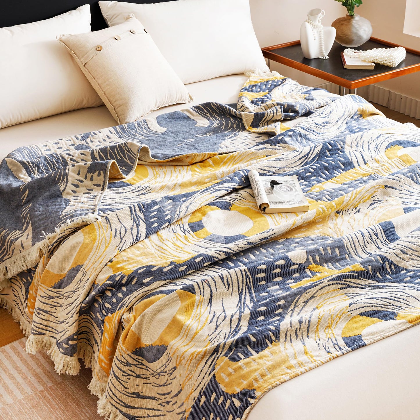 Scientific Sleep Starry Night Impressionism Art Blanket Sky Moon Star 100% Cotton Muslin Blanket Throw for Bed Couch Sofa Cozy Soft Bedding Bedspread Quilt Coverlet Full Queen 80 in x 90 in