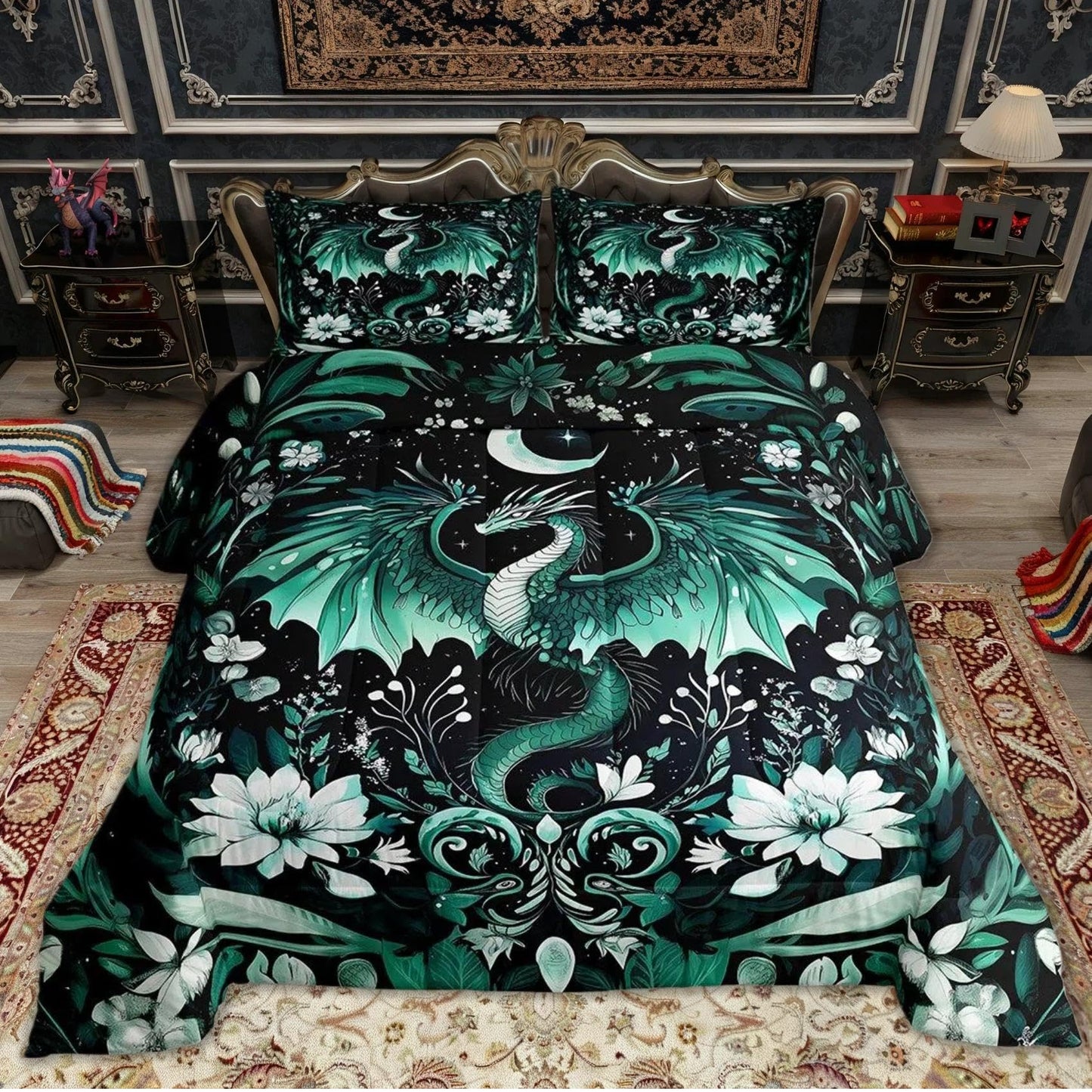 Feelyou Kids Dragon Comforter Set Queen Size, Green Dragon Bedding Set for Kids Boys Girls Boho Duvet Insert Room Decor 3Pcs