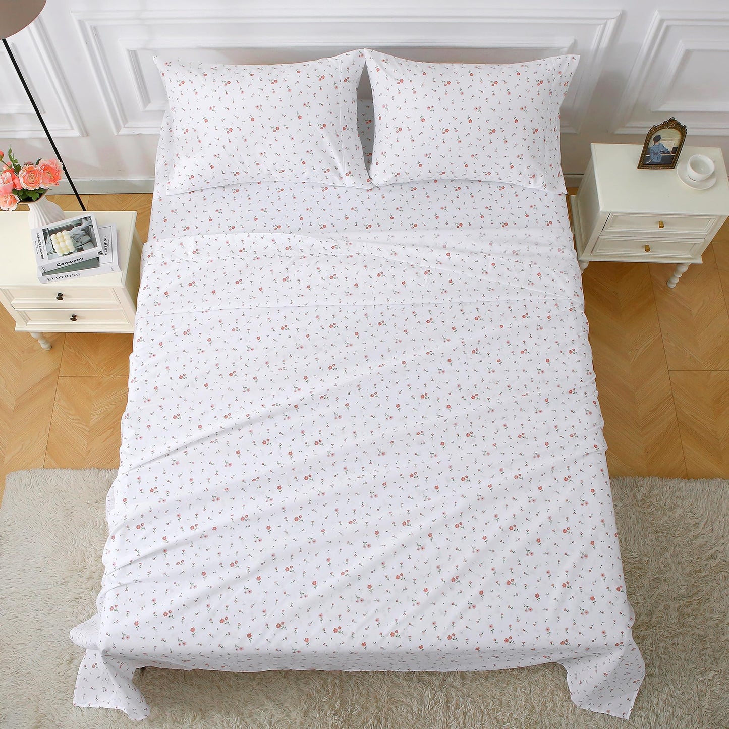 Softan Pink Floral Full Sheet Set Flower Printed Bed Sheets Double - 4 Piece Microfiber Patterned Fitted Bed Sheets with 15" Deep Pocket & Straps, Cozy Cute Pink Sheets and Pillowcase Set