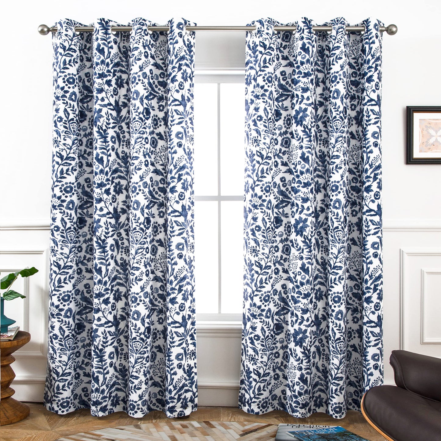 DriftAway Julia Blackout Curtains for Bedroom Navy Floral Watercolor Pattern Double Layer Thermal Insulated Sound Reducing Room Darkening Drapes for Living Room Grommet 2 Panels Each W52 x L84 Navy