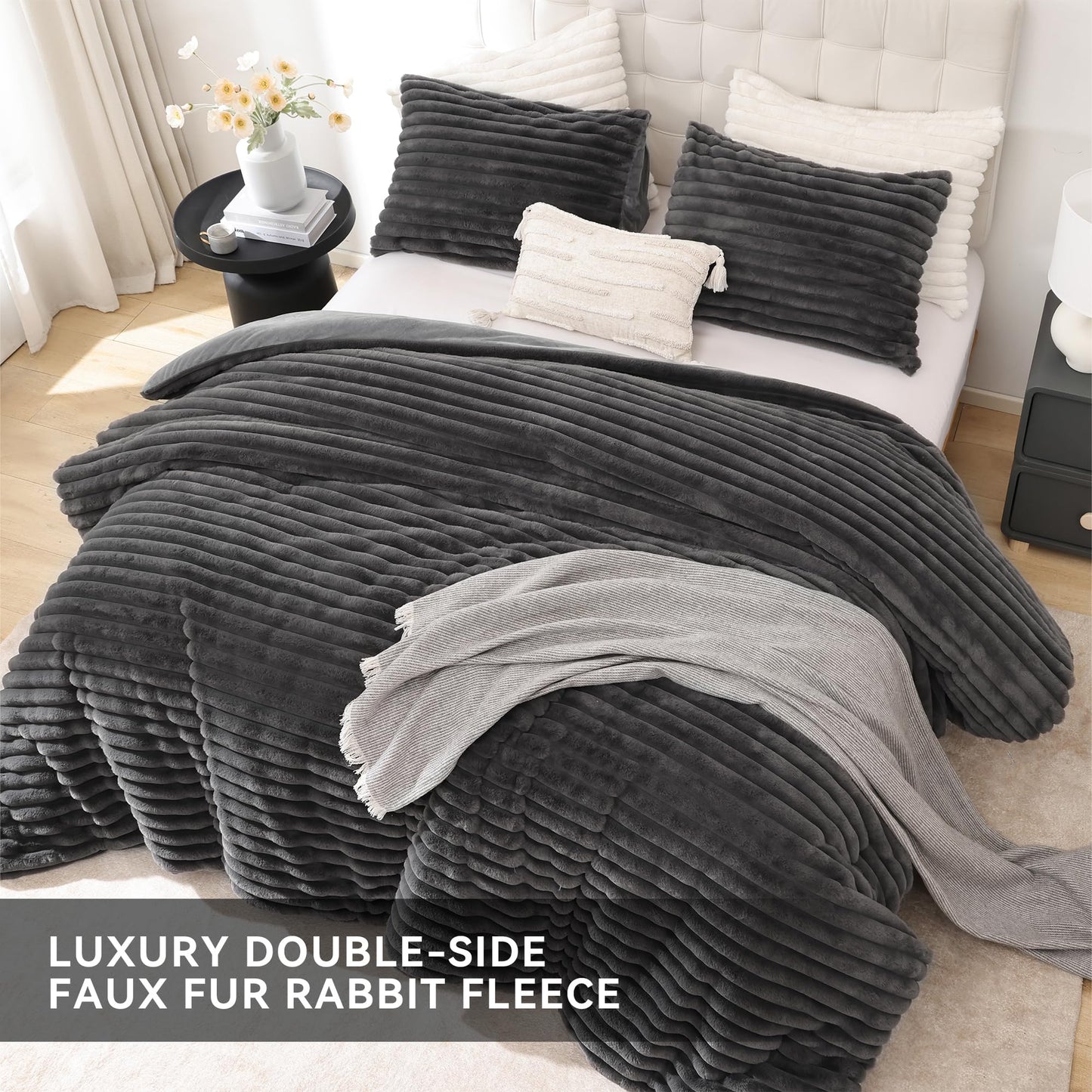 Smoofy Fluffy King Size Comforter Set 3 Pieces - Dark Grey Fleece Fluffy Comforter Set, Luxury Fuzzy King Bedding Set, Soft King Bed Set All Season, Heavy Faux Fur Comforter with 2 Pillow Cases