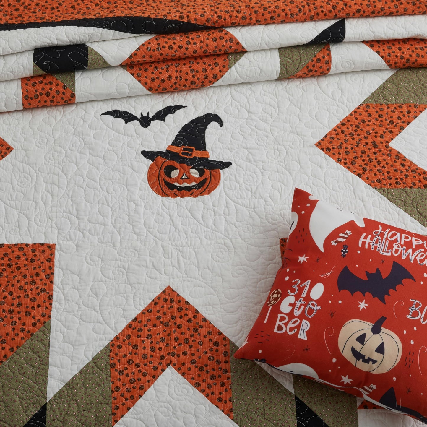 NELIFDER Halloween Quilt Queen Size Bedding Set 100% Cotton Embroidery Bats Pumpkin Festival Pattern Bedspread Real Patchwork Star 3 Peice Coverlet with 2 Pillow Shams 90"x90"
