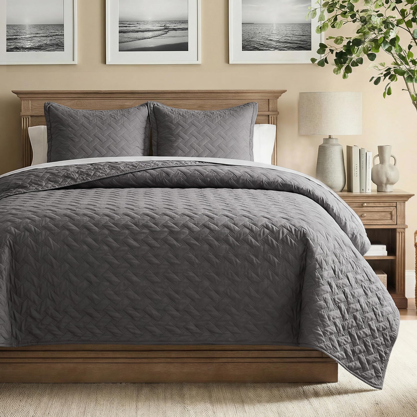 Bedsure Quilts King Size - Grey Bedspreads King Size with Basket Weave Pattern, Soft Quilt Bedding Set, Lightweight Comforter Set Coverlet for All Seasons with 2 Pillow Shams (106" x 96")