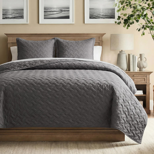 Bedsure Quilts King Size - Grey Bedspreads King Size with Basket Weave Pattern, Soft Quilt Bedding Set, Lightweight Comforter Set Coverlet for All Seasons with 2 Pillow Shams (106" x 96")