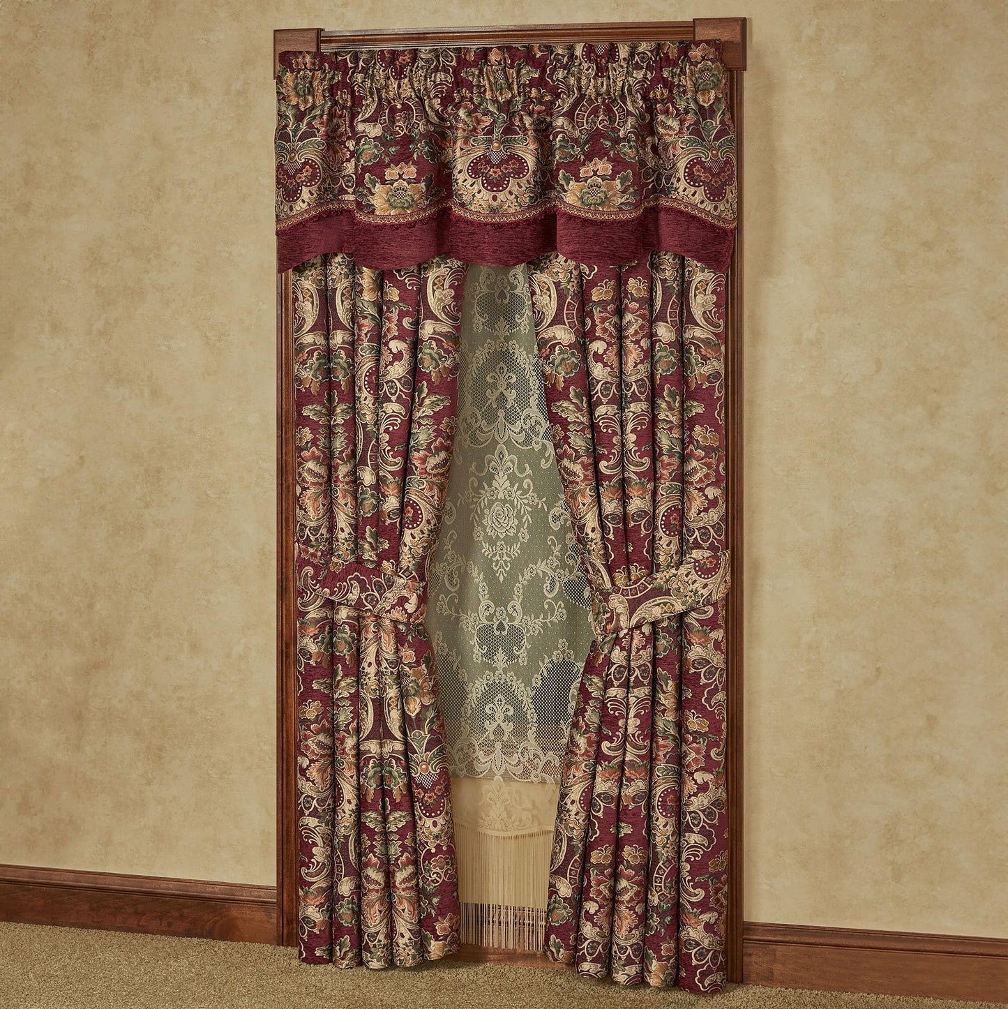 Tosca Chateau Traditional Luxury Window Treatment | Warm, Soft Burgundy Red Chenille | Colorful Woven Classic Jacobean Florals | Lined Window Drapery Set Includes Scalloped Valance & 84L Curtain Pair