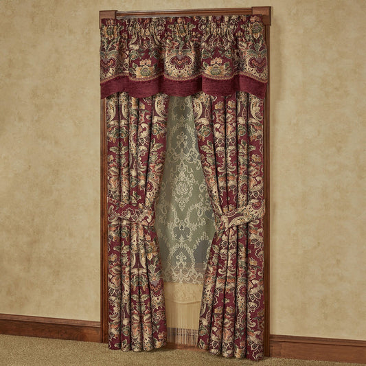 Tosca Chateau Traditional Luxury Window Treatment | Warm, Soft Burgundy Red Chenille | Colorful Woven Classic Jacobean Florals | Lined Window Drapery Set Includes Scalloped Valance & 84L Curtain Pair