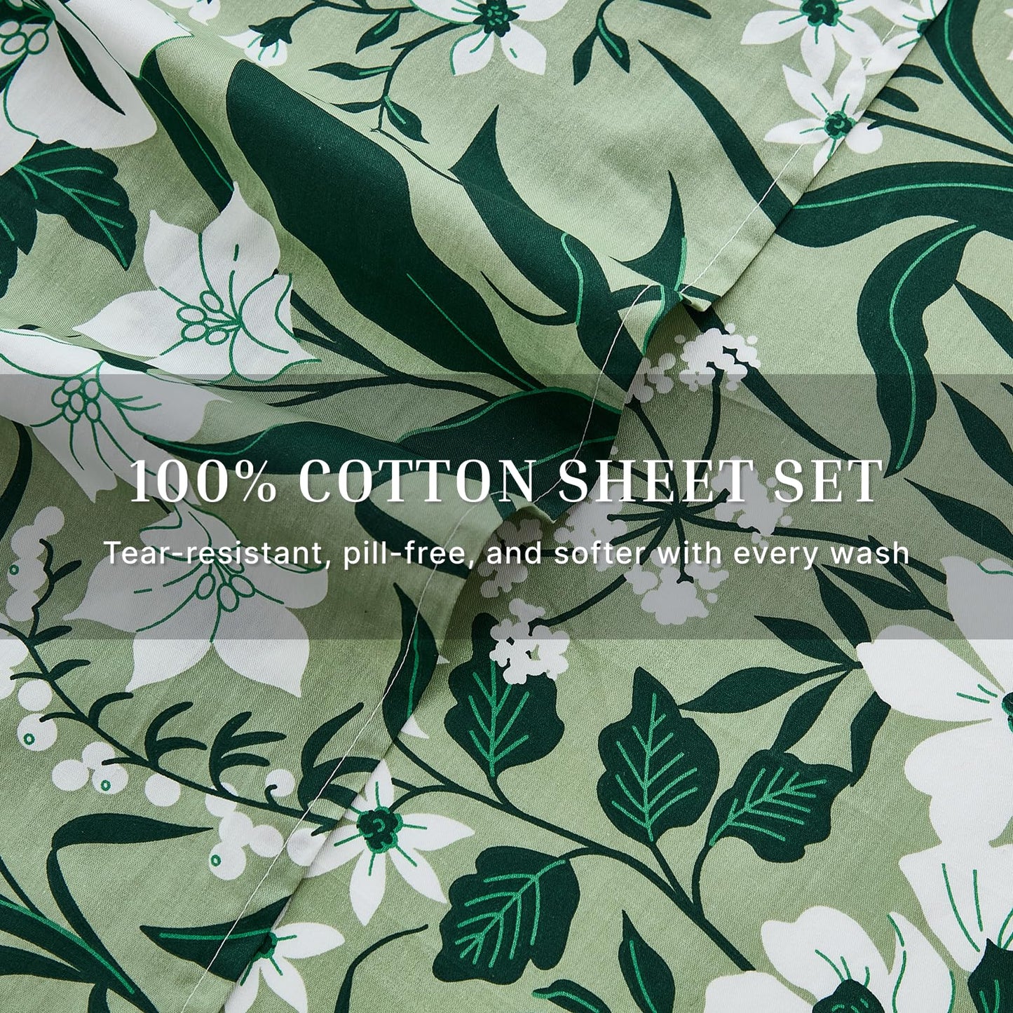 Cozaline 100% Cotton Sheet Set Queen Size – 4-Piece Luxury Forest Green Floral Bedding, Soft Breathable Percale Weave, Deep Pocket Fitted Sheet 17.5", Crisp Cool Feel, Refined Botanical Elegance