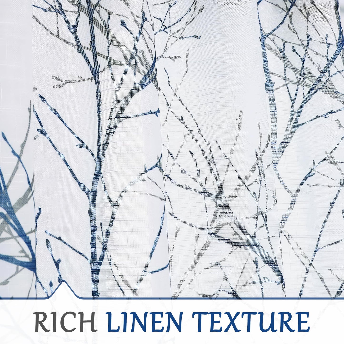 FMFUNCTEX Linen Semi Sheer Curtains for Bedroom, Blue White Curtains 84 Inches Long for Living Room, Grey Tree Branch Patterned Curtain Light Filtering Farmhouse Window Drapes, Grommet Top 2 Panels