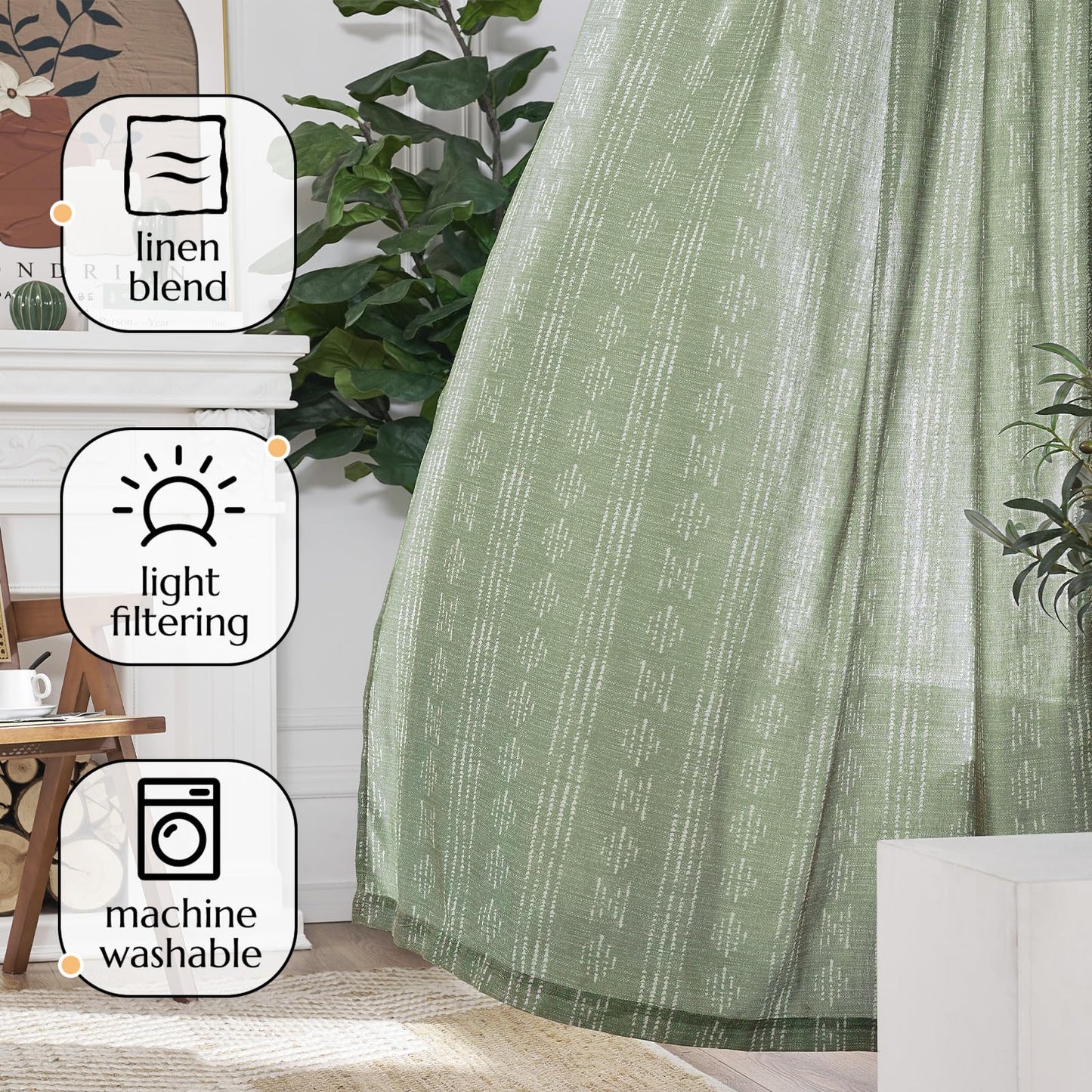 jinchan Boho Curtains Linen for Living Room Farmhouse Sage Green 84 Inch Length 2 Panels Bedroom Geometric Striped Light Filtering Window Drapes Grommet Country Curtains, Boho| Sage, W52 x L84