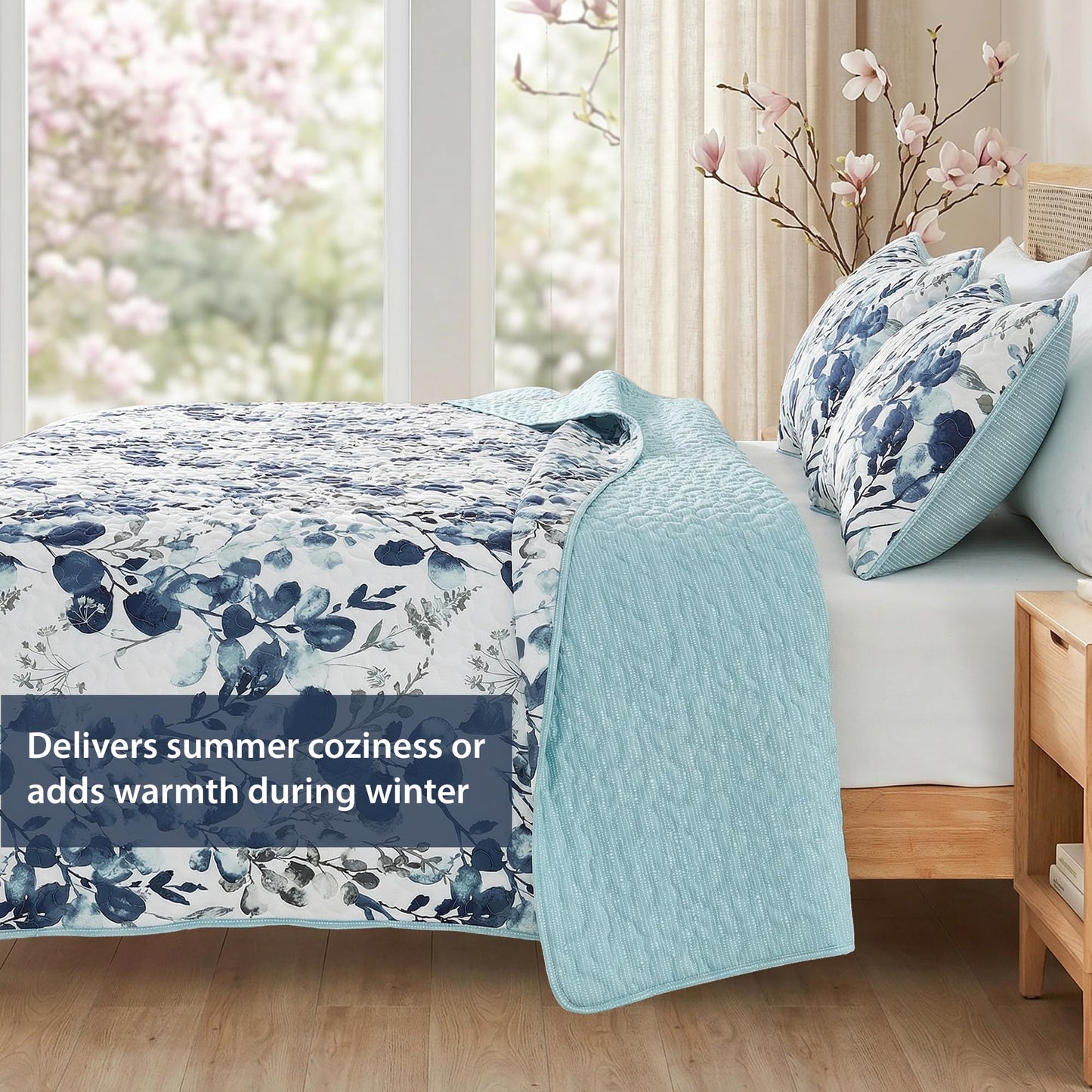 Regency Heights Quilt Set Quilted Bedspread Reversible Lightweight Floral Printed Oversized Quilted Bedding Set with Shams 2pc, Twin Size, Navy Blue