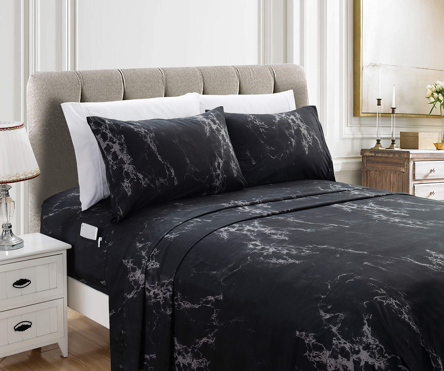 Elegant Comfort Eloise Marble Printed 6-Piece Sheet Set, 1500 Premium Hotel Quality Microfiber, Soft, Wrinkle and Fade Resistant, Fitted Sheets with Smart Pockets, Marble Sheet Set, Queen, Black