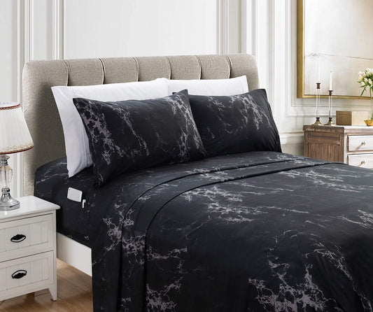 Elegant Comfort Eloise Marble Printed 6-Piece Sheet Set, 1500 Premium Hotel Quality Microfiber, Soft, Wrinkle and Fade Resistant, Fitted Sheets with Smart Pockets, Marble Sheet Set, Queen, Black