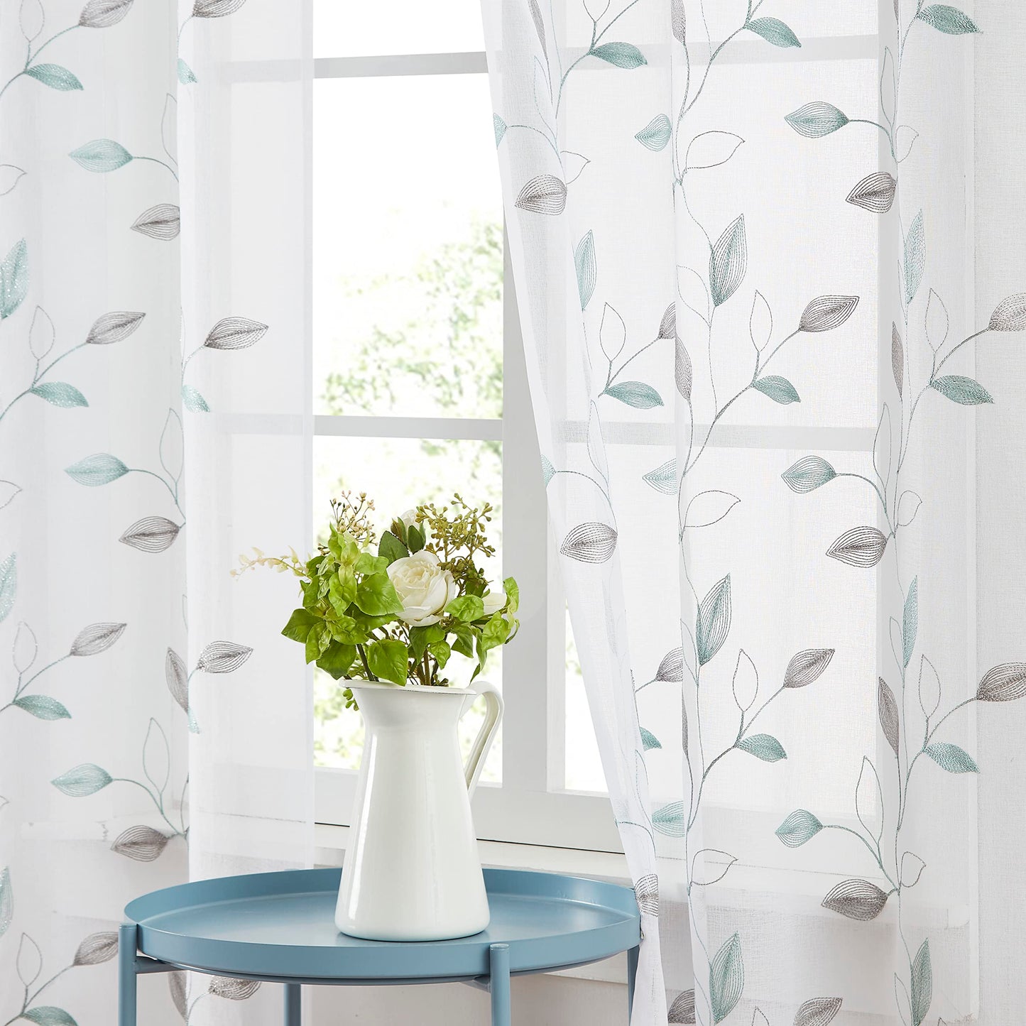 Bujasso Embroidered Leaf Sheer Curtains Floral Farmhouse Light Filtering Window Panels Botanical Patterned Drapes for Living Room Bedroom Grommet Top, Gray Teal 38" Wx84 Lx2