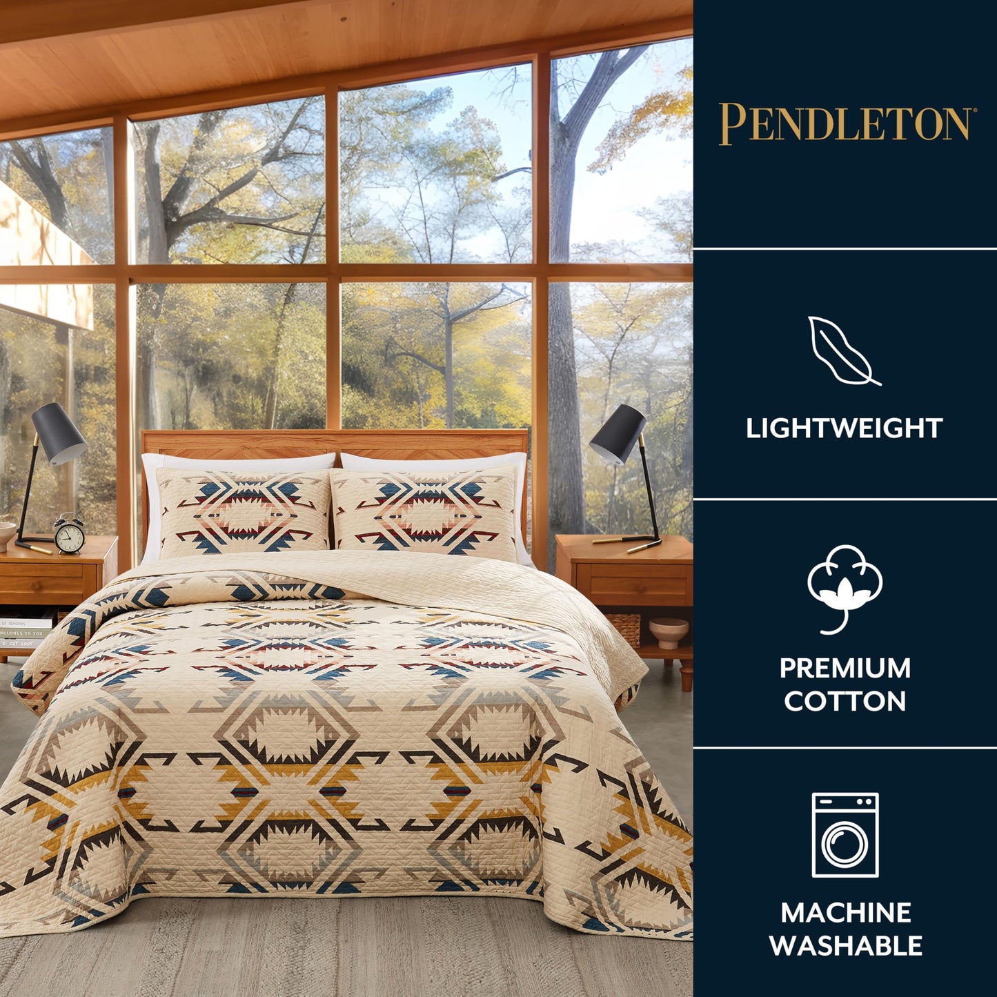 Pendleton White Sands Queen Quilt Bedding Set with 2 Pillow Shams, Luxury Cotton Quilt, Lightweight Quilted Bedspread or Coverlet, Western Bedding, Machine Washable, Full/Queen, Beige Diamond Print