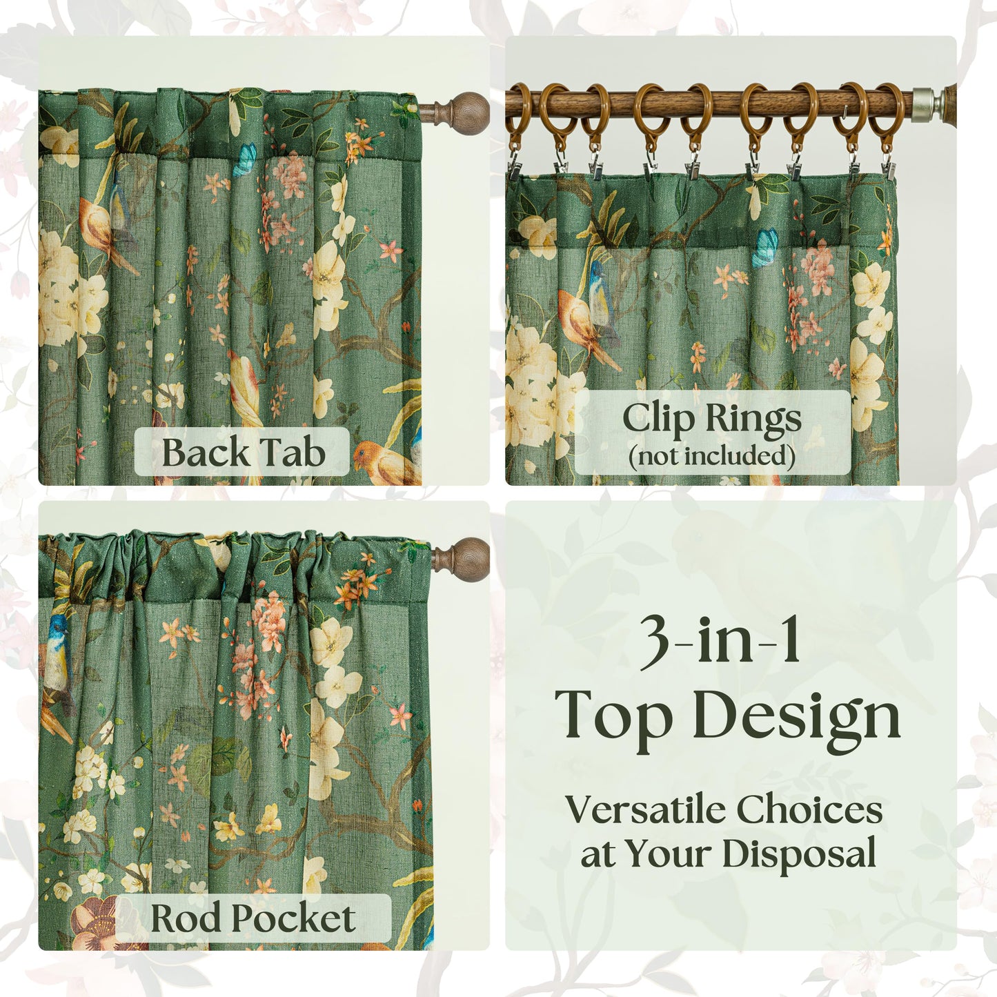 Olive Green Floral Linen Curtains for Living Room 84 Inches Long 2 Panels