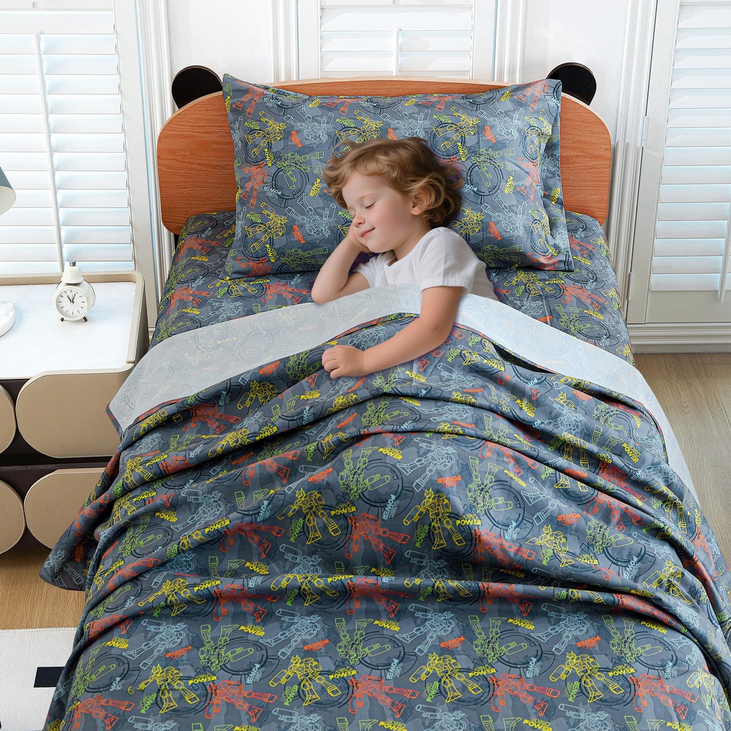 Softan Kids Bed Sheet Set, 4-Piece Full Size Sheets, Microfiber Fitted Sheet with 15 Inches Deep Pocket and Corner Straps, Breathable & Silky Soft Linear Robot Printed Sheet and Pillowcase Sets