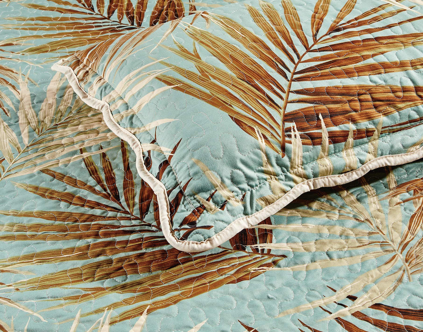 Masterplay 3-Piece Fine Printed Tropical Palm Leaves Oversize (118" X 95") Quilt Set, Bedspread Coverlet (Caifornia) Cal King Size Bed Cover (Sage, Aqua, Brown, Khaki)