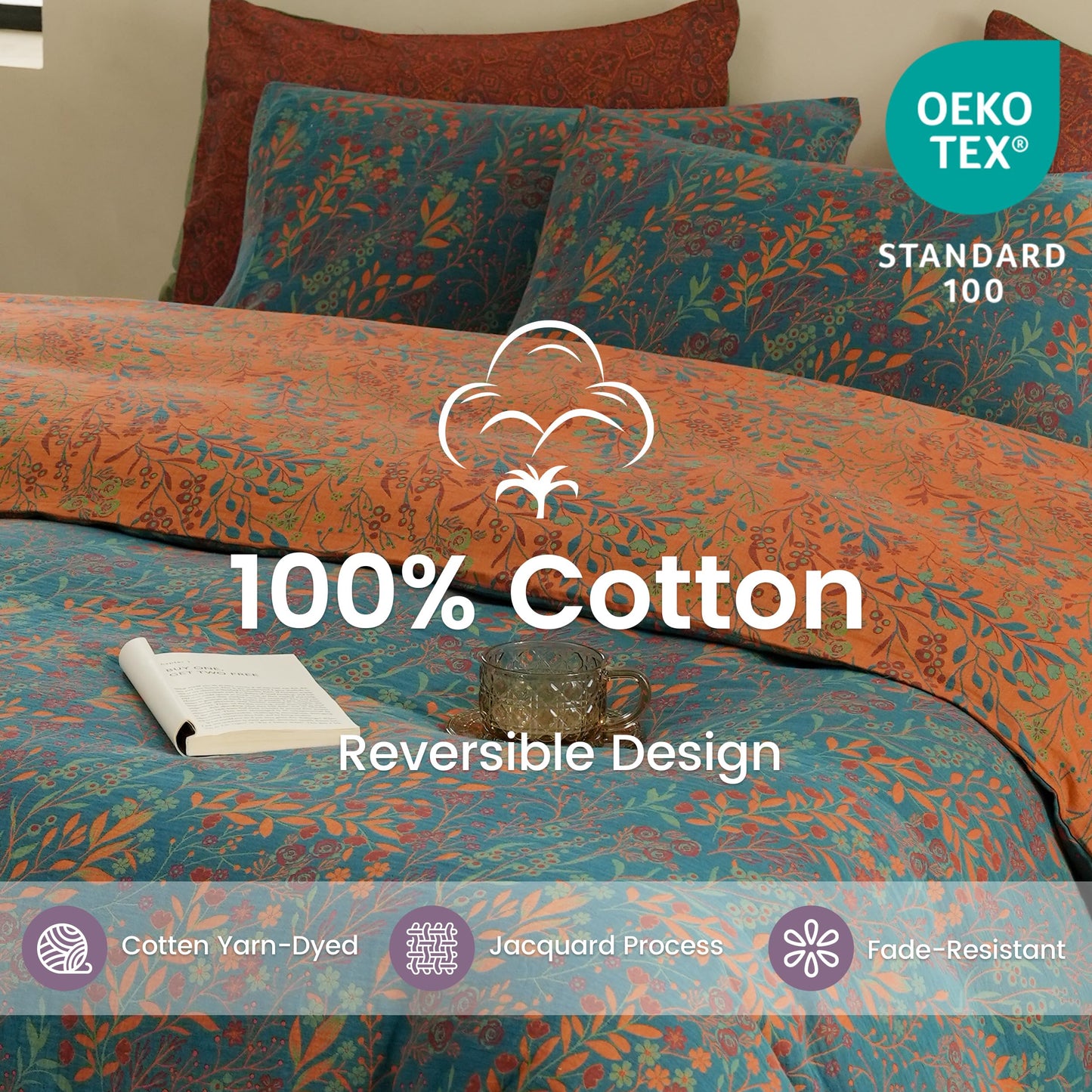 BISELINA 100% Cotton Muslin Duvet Cover Set Queen, 3 Pcs Yarn-Dyed Jacquard Textured Reversible Floral Design, Soft and Breathable Bedding Set with Zipper Closure, Blue Orange