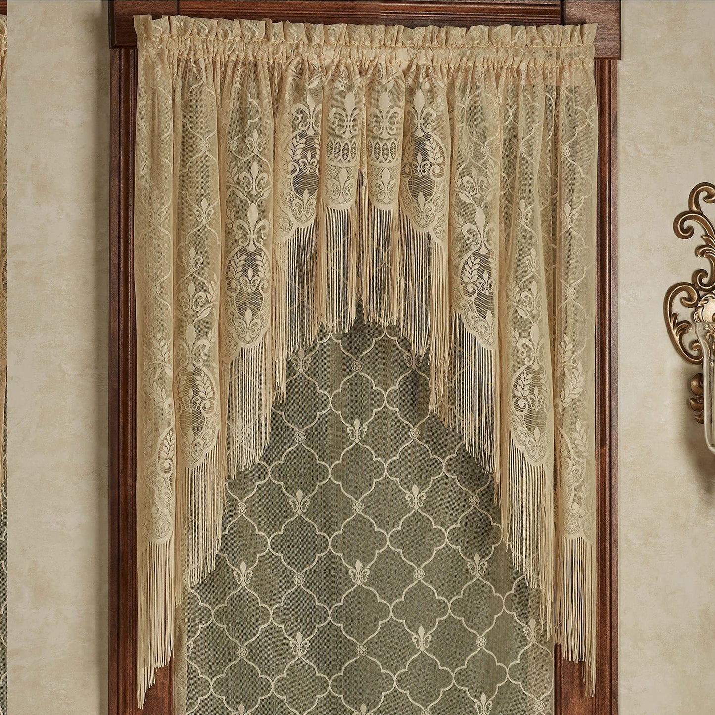 Touch of Class Victorian Fleur de Lis Lace Window Treatment Swag Valance Pair - Polyester - Antique Gold - European Style Panels for Bedroom Windows
