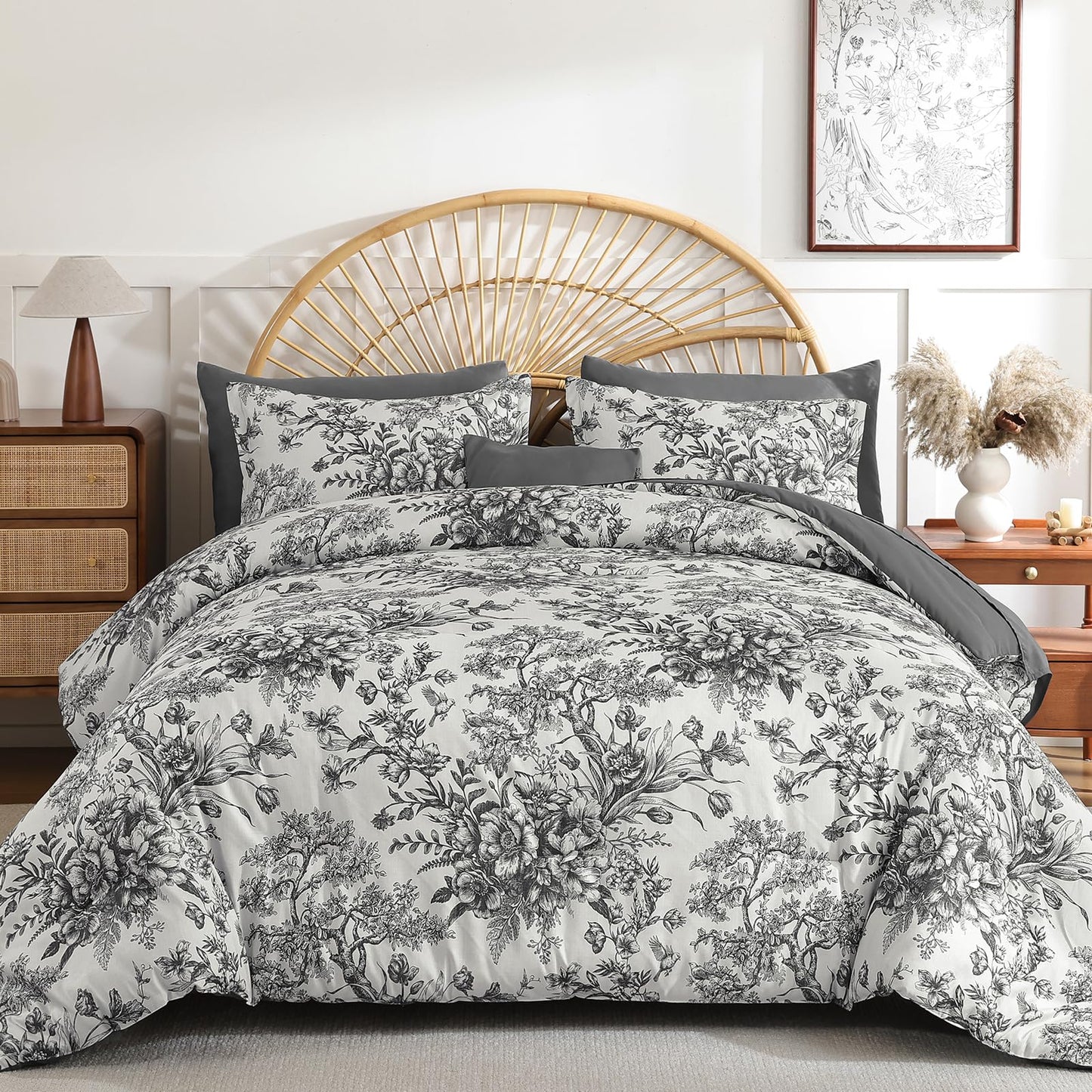 Dinjoy Queen Comforter Set - 8 Pieces Floral Comforter Set Black and White, Bed in a Bag Queen with Botanical Print, Winter Soft Comforter Bedding Set with Sheets (Comforter 90"x90")