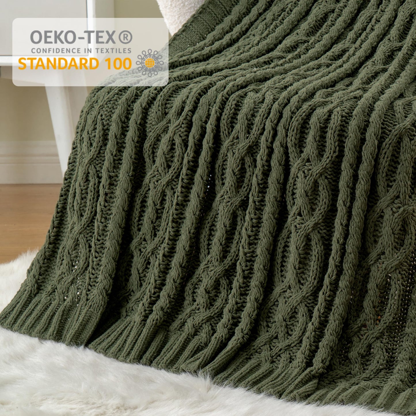 Battilo Olive Green Throw Blanket for Couch, Chunky Cable Knit Blanket, Woven Soft Cozy Chenille Throw Blanket for Bed, Sofa, Chair, Living Room, 51"x67"
