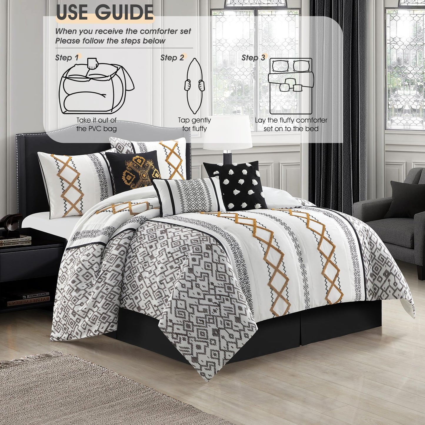LANCO MODERN LIFESTYLE Black Gold Queen Comforter Set, 7 Pieces All Season Bedding Sets in a Bag with Geometric Terry Embroidered Comforter, Bed Skirt, Pillow Shams and Decorative Pillows