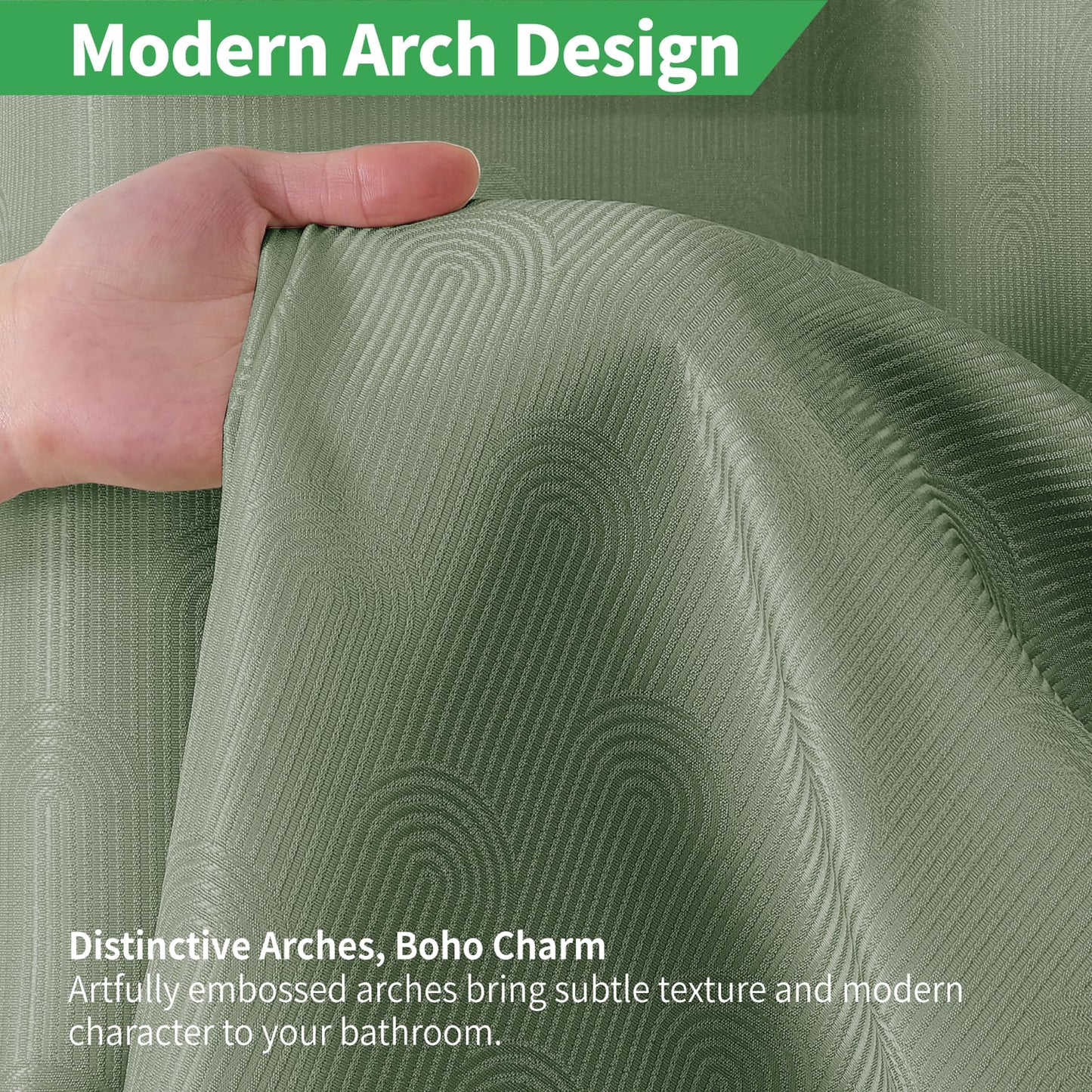 eachope Extra Long No Hook Shower Curtain with Snap-in Fabric Liner Set,Boho Arch Textured Fabric Fabric Shower Curtain for Bathroom with Sheer Window,Waterproof & Washable,71 x 86,Green
