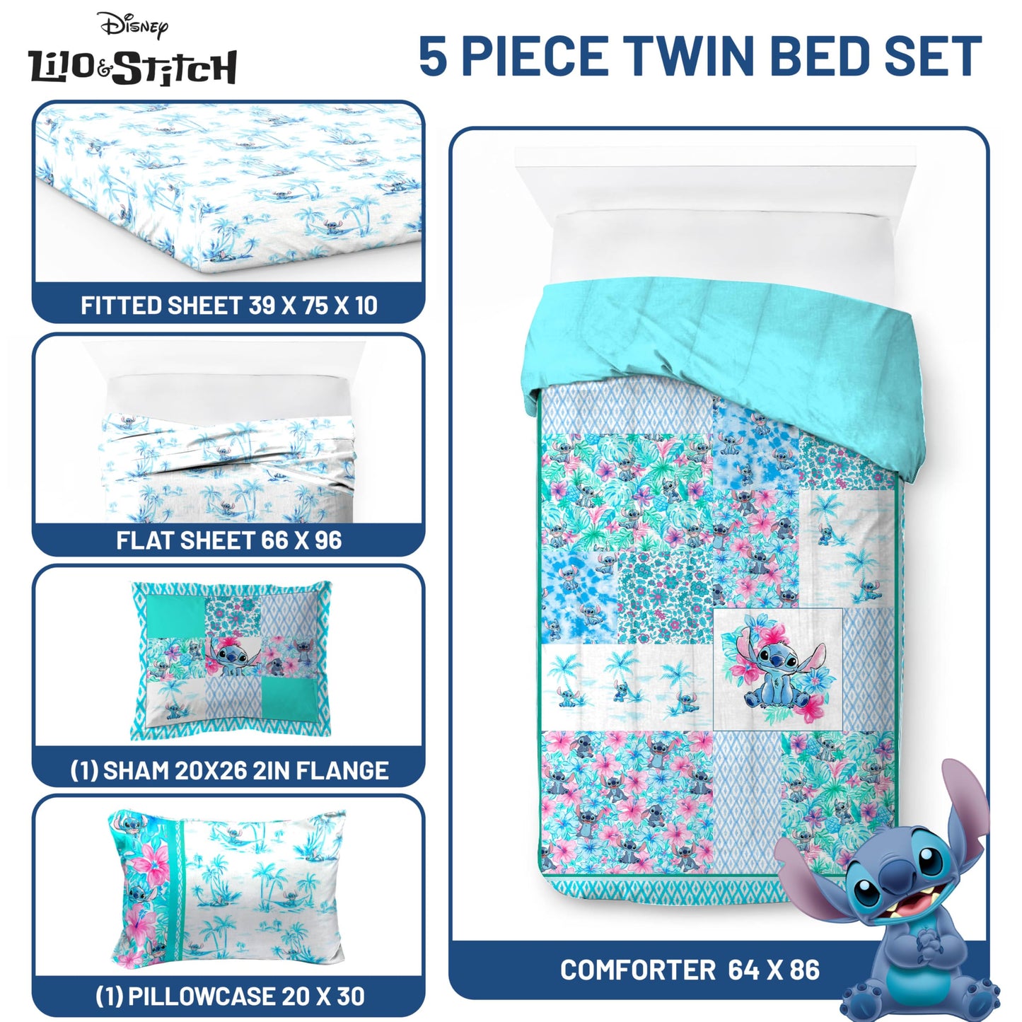 Jay Franco Kids Comforter Set Includes Sheets and Pillow Covers - Soft and Cozy Bed Set for Stylish Room Decor, Multi - Lilo and Stitch 02, 5 Piece Twin Bedding