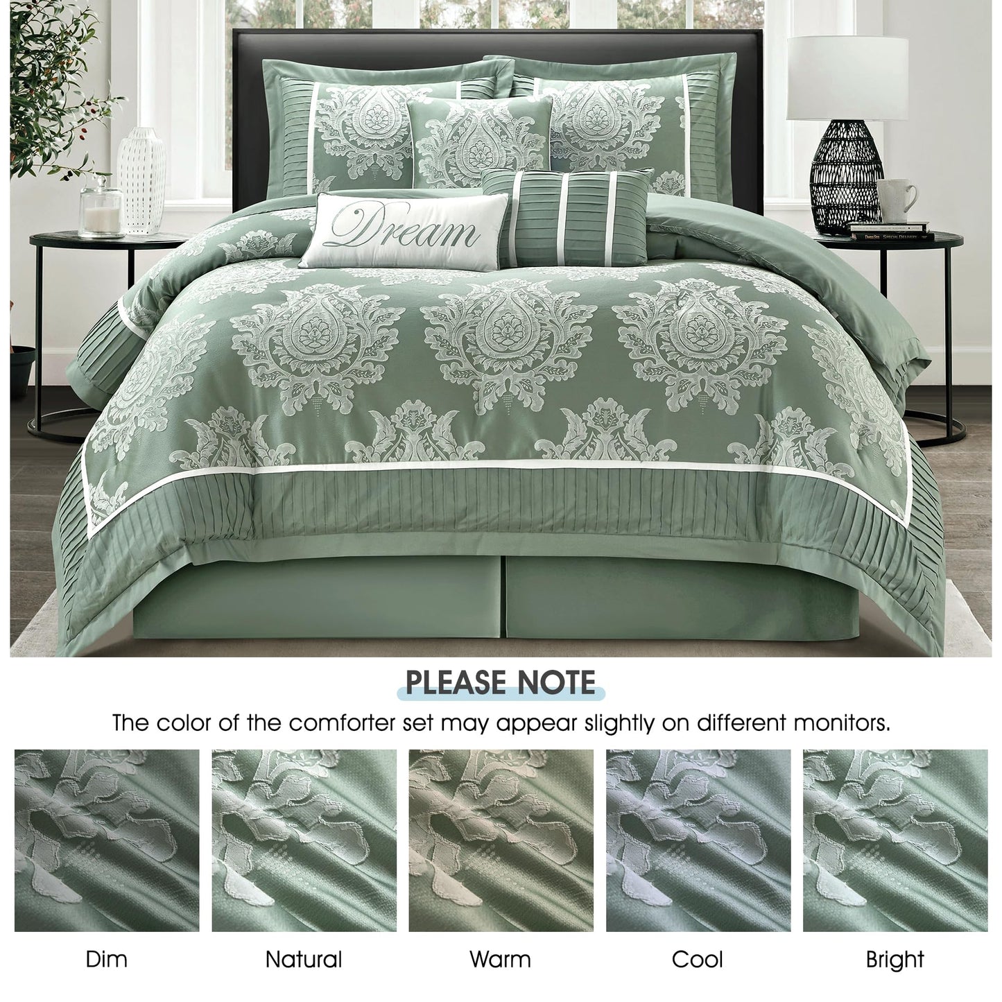 LANCO MODERN LIFESTYLE Sage Queen Comforter Set 7 Pieces, Jacquard Woven with Damask, Bedding Set in a Bag Includes Comforter, Bed Skirt, Pillow Shams, and Decorative Pillows