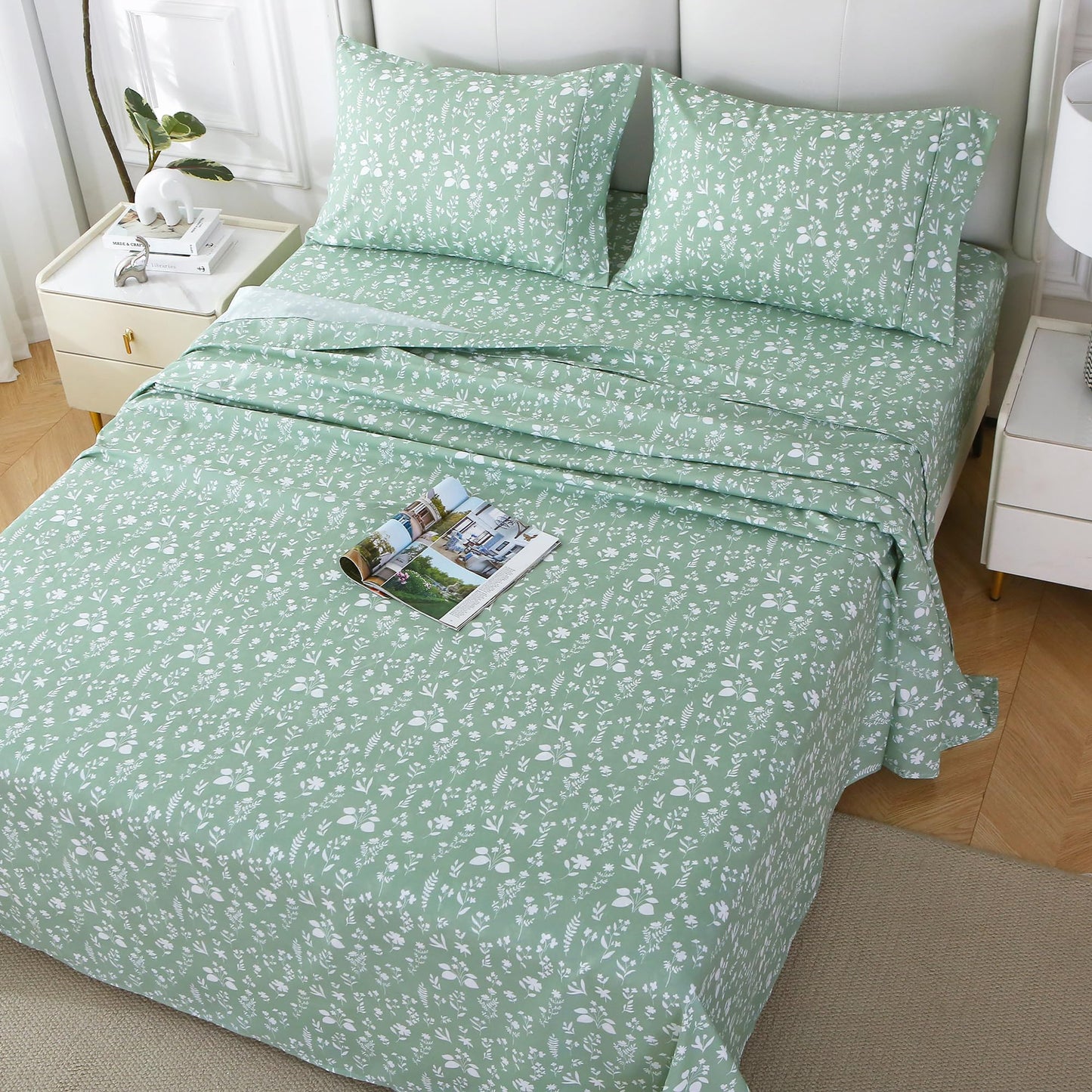 Viviland Sage Green Twin Sheet Set - 4 Piece Vintage Green Flower Patterned Bed Sheets - Soft, Breathable Microfiber Floral Sheets with Deep Pocket, Non-Slip Fitted Sheets & Pillowcases