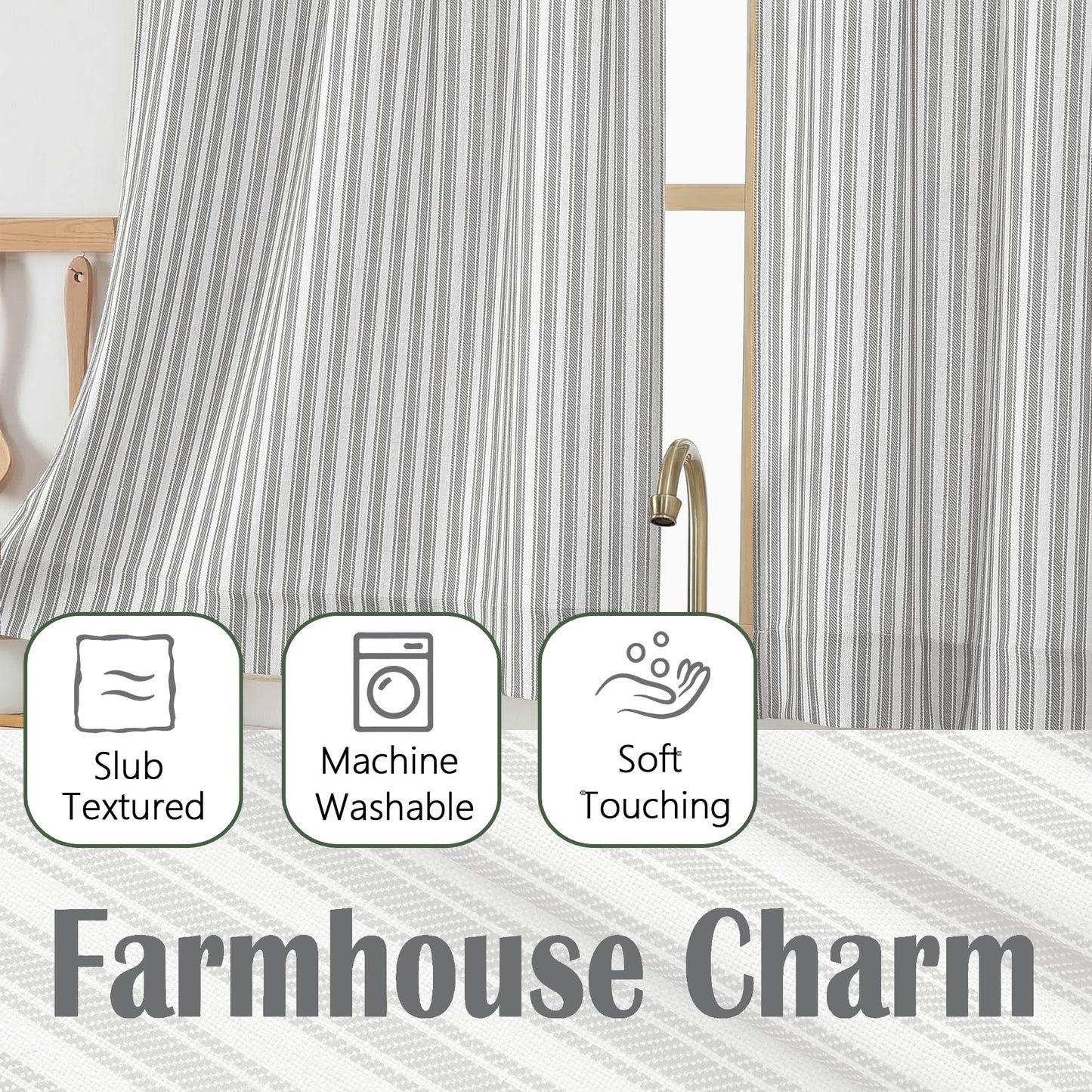 Chyhomenyc Striped Boho Curtains 24 Inch Length - Light Filtering Faux Linen Half Window Cafe Curtains, Farmhouse Short Curtain Tiers for Bathroom RV Camper, 30Wx24L, 2 Pieces, Grey