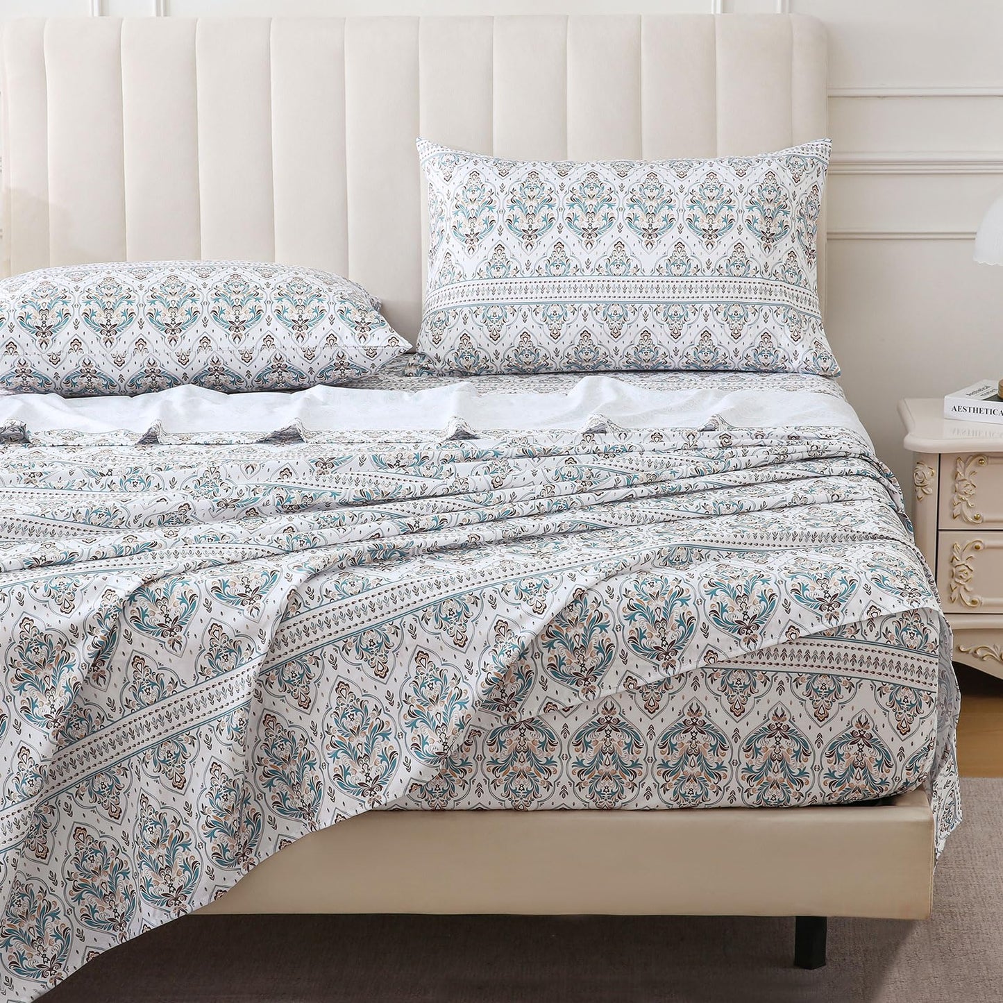 ChicView Queen Size Paisley Printed Sheet Set,4 Pieces Boho Style Breathable Soft Microfiber Bedsheets, Anti Pilling Deep Pockets Easy Care Bed Sheets, White Green
