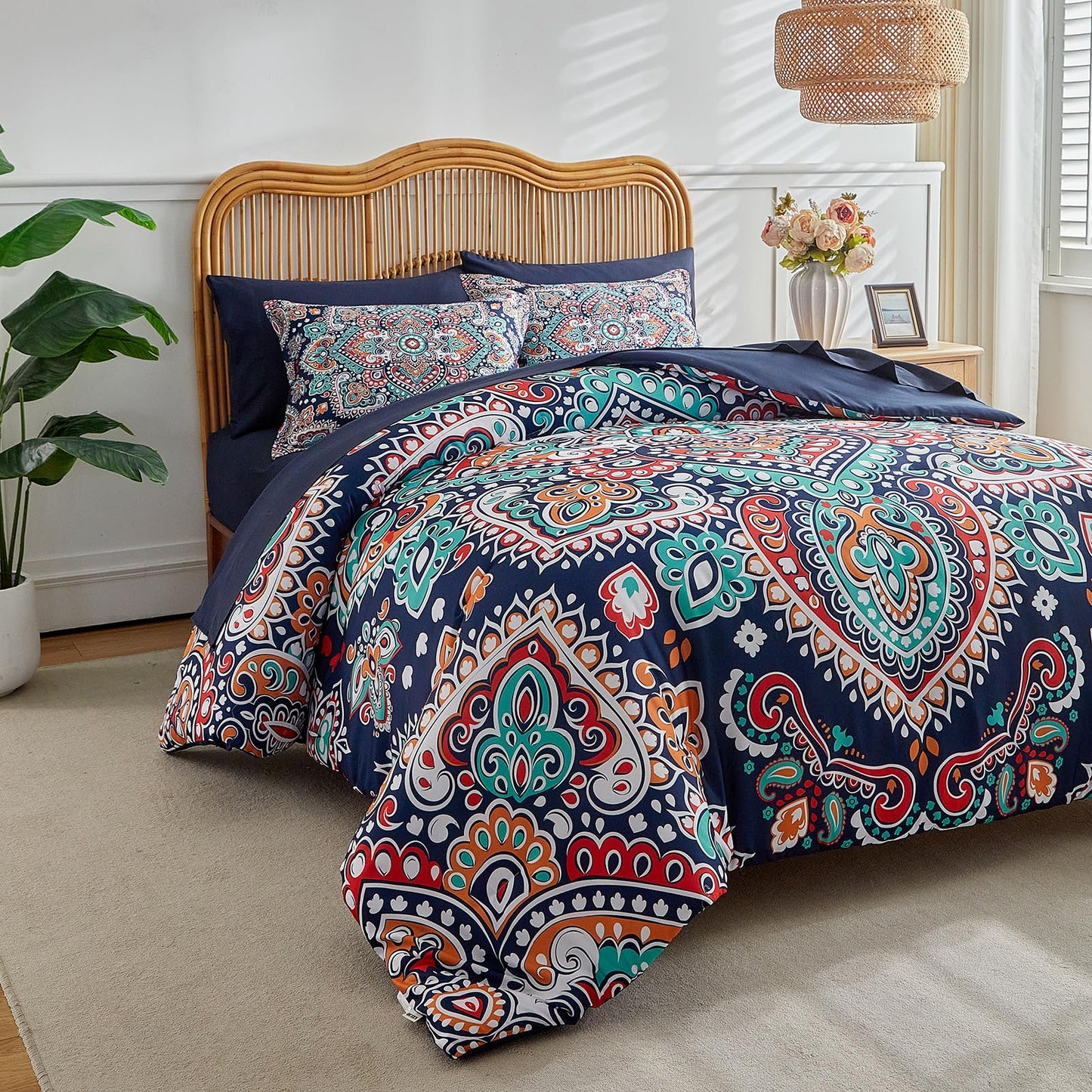 Boho Comforter Sheet Set Bohemian Bed in a Bag Queen Size Bedding Set, Navy Blue Orange Paisley Microfiber 7pc Bedding Set (1 Comforter 2 Pillow Shams 1 Pink Flat Sheet 1 Fitted Sheet 2 Pillowcases)