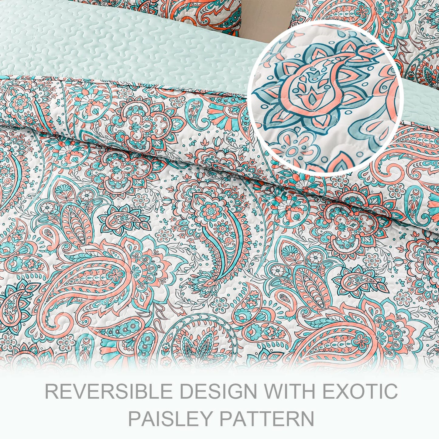 Exclusivo Mezcla Reversible Boho Quilts Queen Size, Aqua Soft Bedspreads Lightweight Coverlet All Season Paisley Quilt Bedding Set with Printed Floral Pattern (1 Quilt, 2 Pillow Shams)