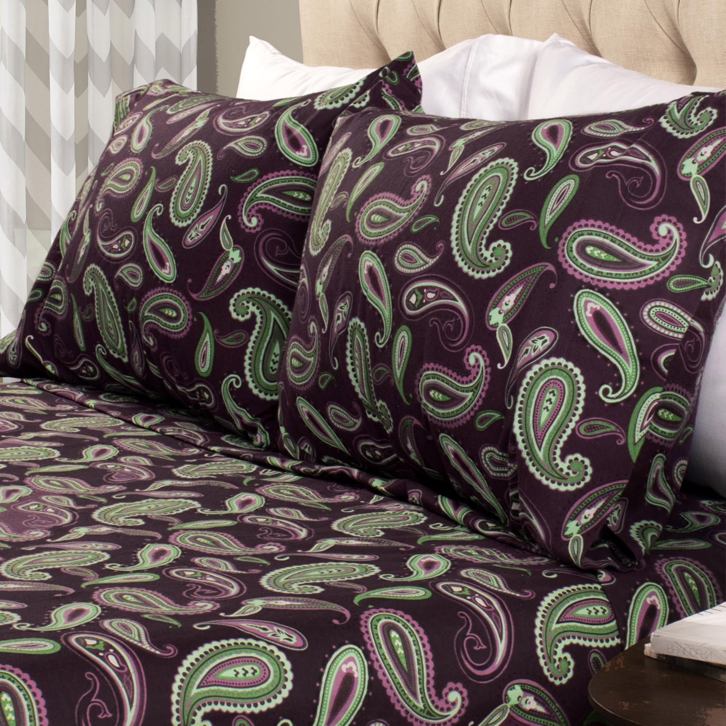 Superior Flannel Brushed Cotton Paisley Bed Sheet Set, Soft, Warm Bedding, Bohemian Floral Sheets, Bedroom Decor, 1 Flat Sheet, 1 Elastic Deep Pocket Fitted Sheet, 2 Pillowcases, Queen, Purple