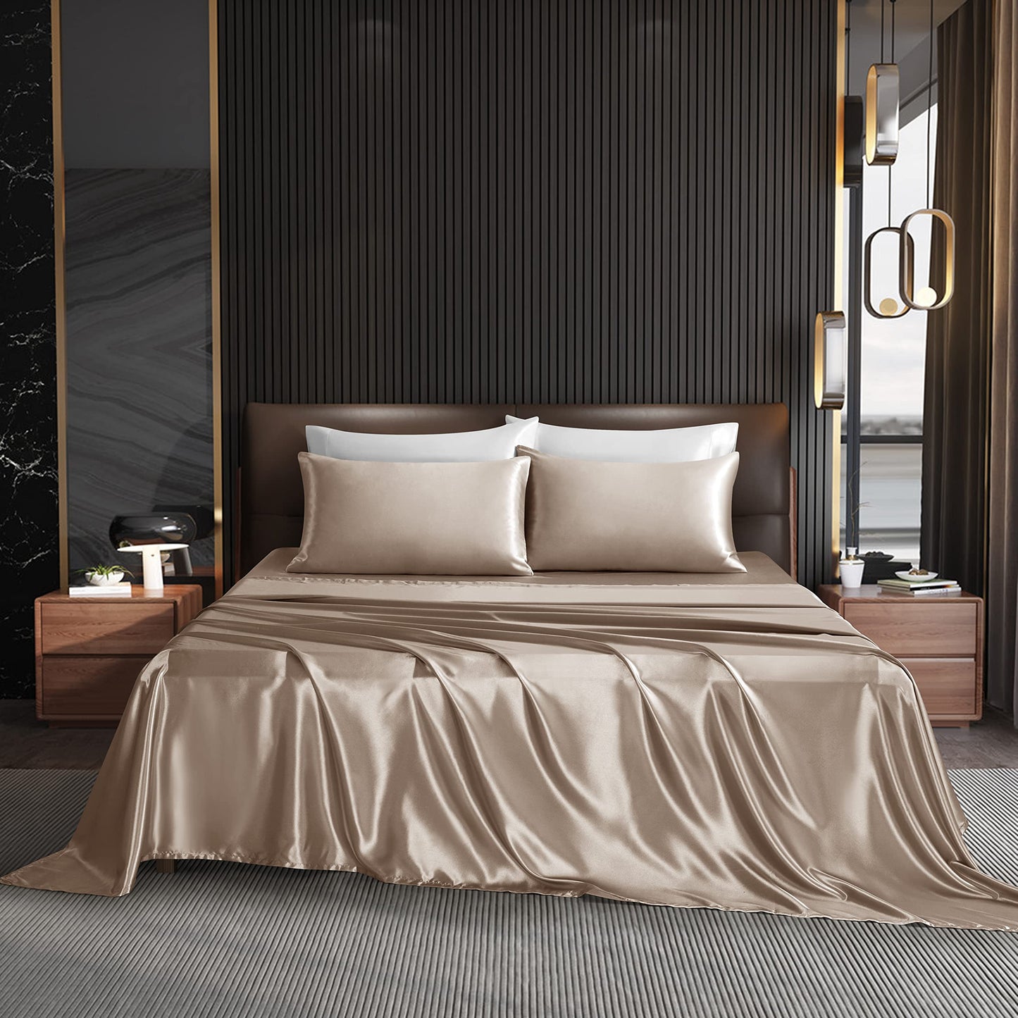 NA HommxJF 4PCS Taupe Satin Sheets Full Size Taupe Silky Silk Sheets Sets Bedding Sets & Pillowcases with 1 Flat Sheet+1 Deep Pocket Fitted Sheet+2 Pillowcases