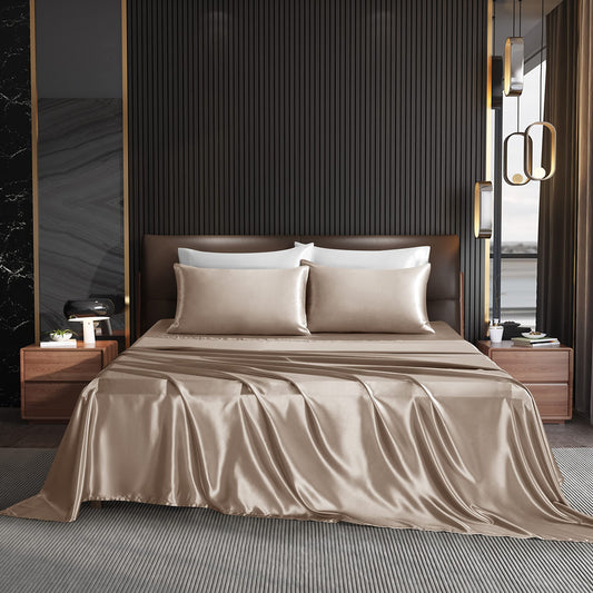 NA HommxJF 4PCS Taupe Satin Sheets Full Size Taupe Silky Silk Sheets Sets Bedding Sets & Pillowcases with 1 Flat Sheet+1 Deep Pocket Fitted Sheet+2 Pillowcases