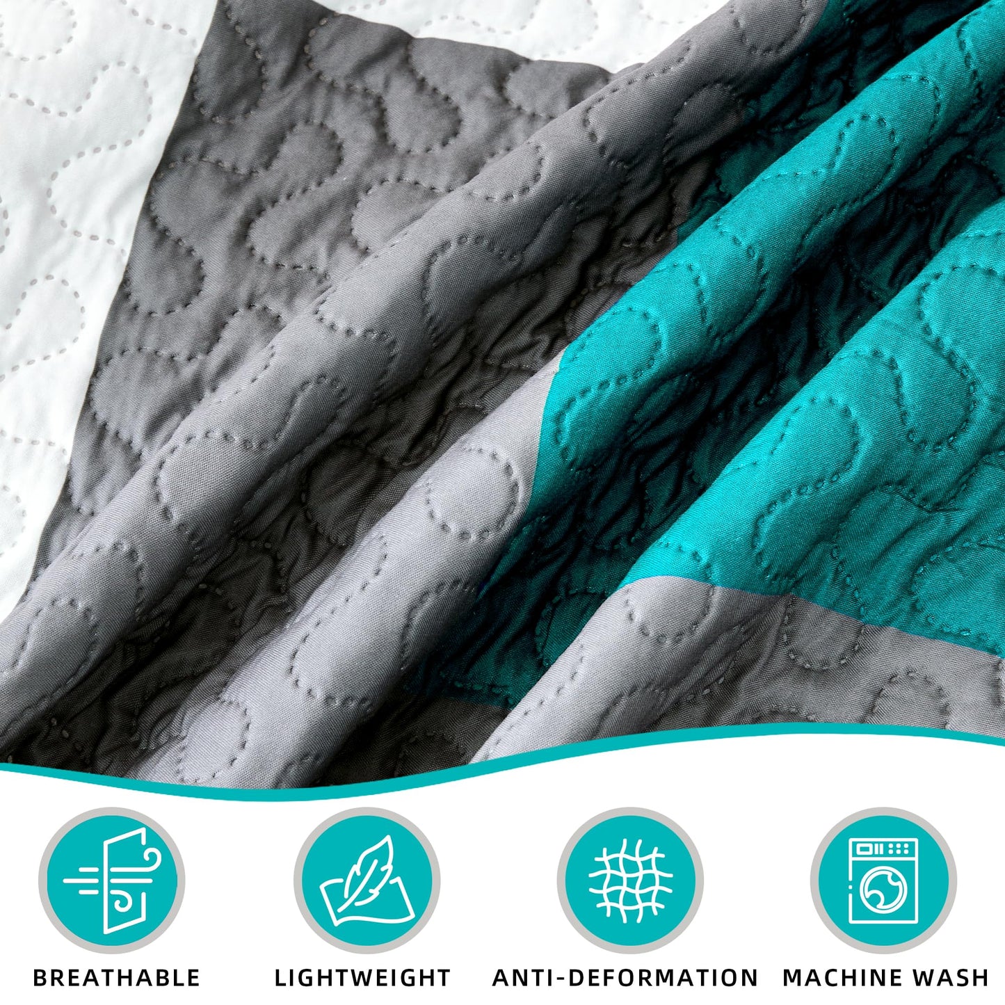 Tyrot 3 Piece Teal/Turquoise Grey Quilt Set King Size Black White Geometric Reversible Bedding Set Microfiber Lightweight Bedspread Coverlet with 2 Shams Modern Bed Covers for All Season, 106''x96''