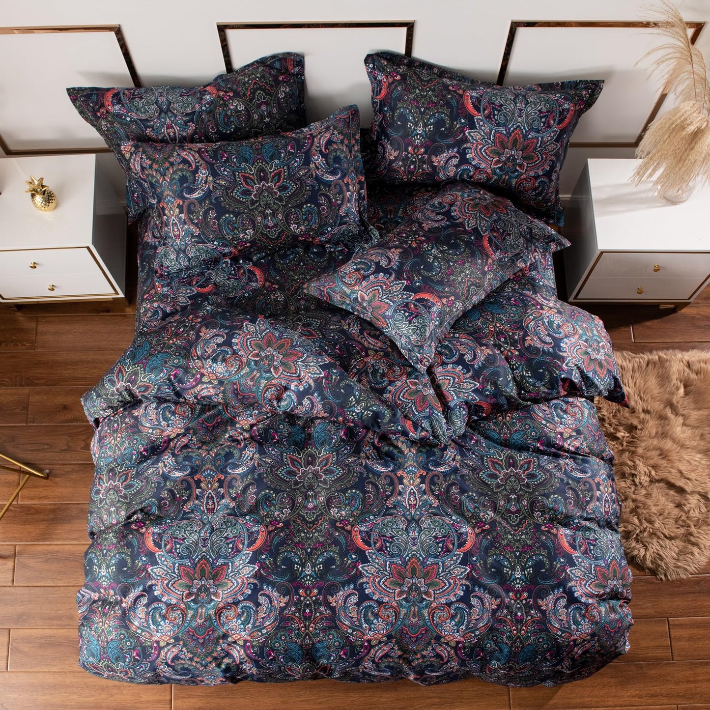 VM VOUGEMARKET Retro Paisley Duvet Cover Queen Size Boho Damask Duvet Cover Sets 100% Brushed Cotton Bedding Set,1 Duvet Cover and 2 Pillow Shams for All Seasons-Stormy Blue
