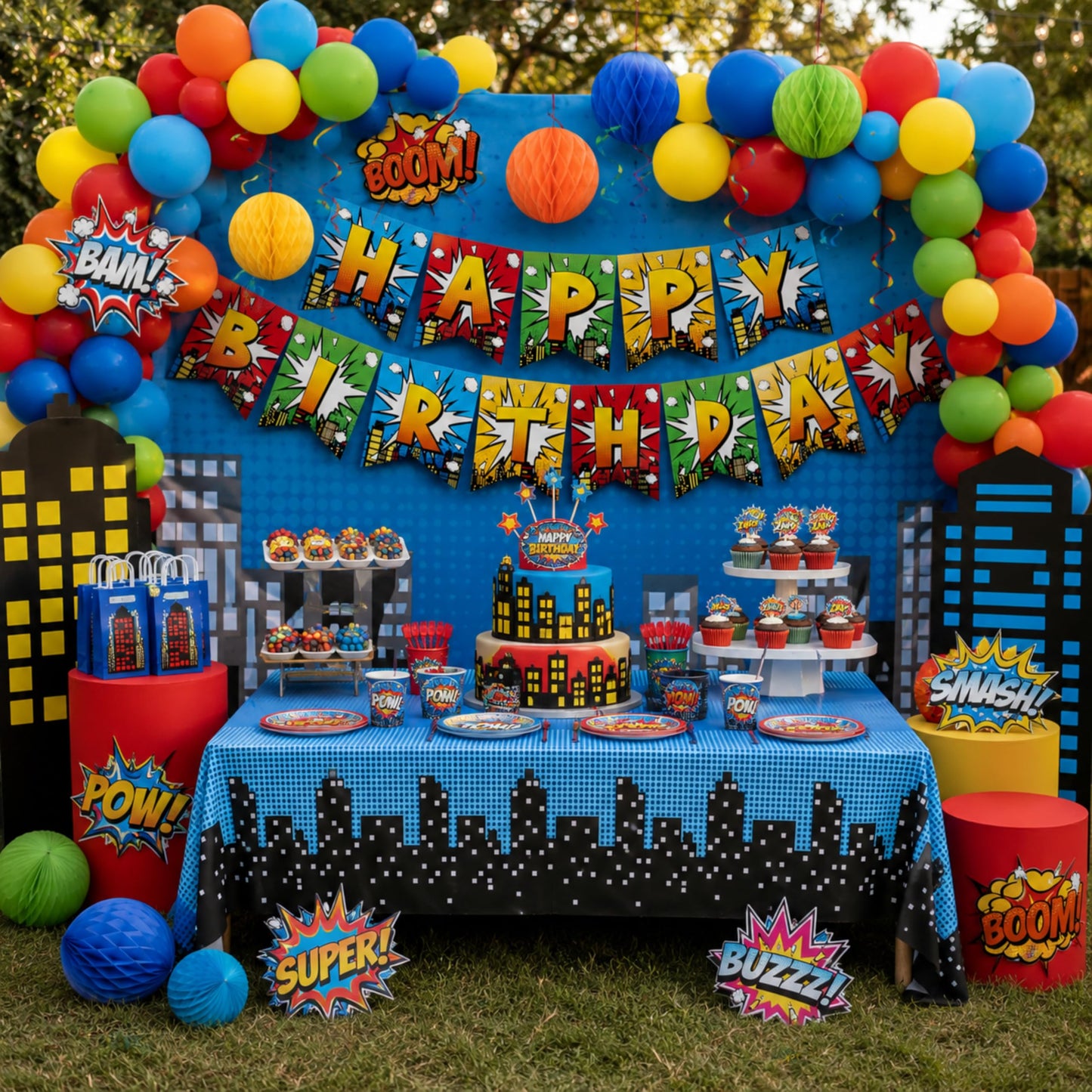Blue Orchards Superhero Cityscape Table Covers (Pack of 3) 108"x54" XL - Superhero Table Cloth for Parties, Birthday Party Supplies, Boy Birthday Party Decorations, Super Hero Brithday Party