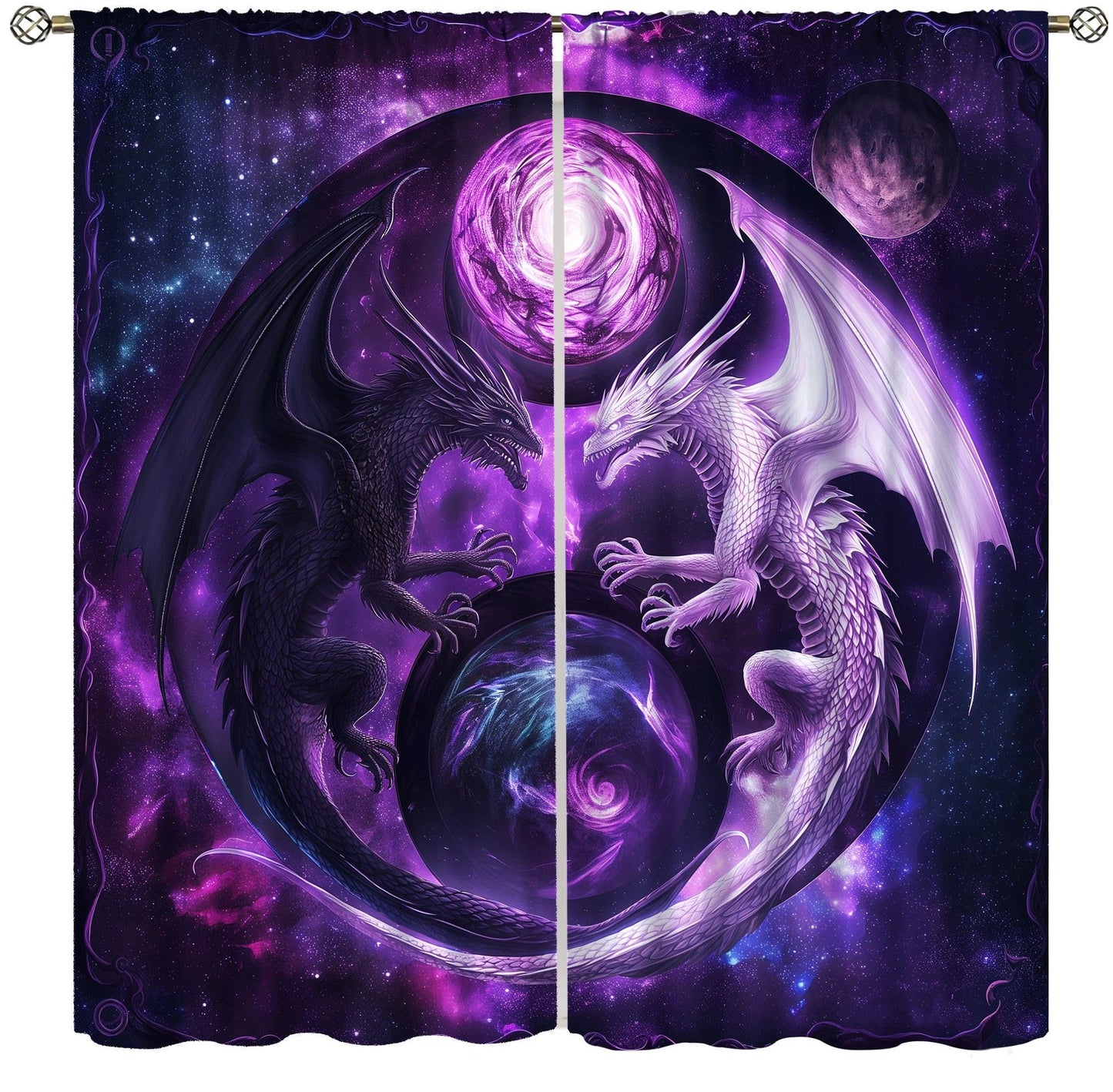 wlsgdsg Dragon Curtains for Boys,Mystery Fantasy Stars 3D Purple Yin Yang Black White Sky Wings Flying Dragon Window Drape Print for Kids Bedroom Living Room 42x45in (No Blackout)