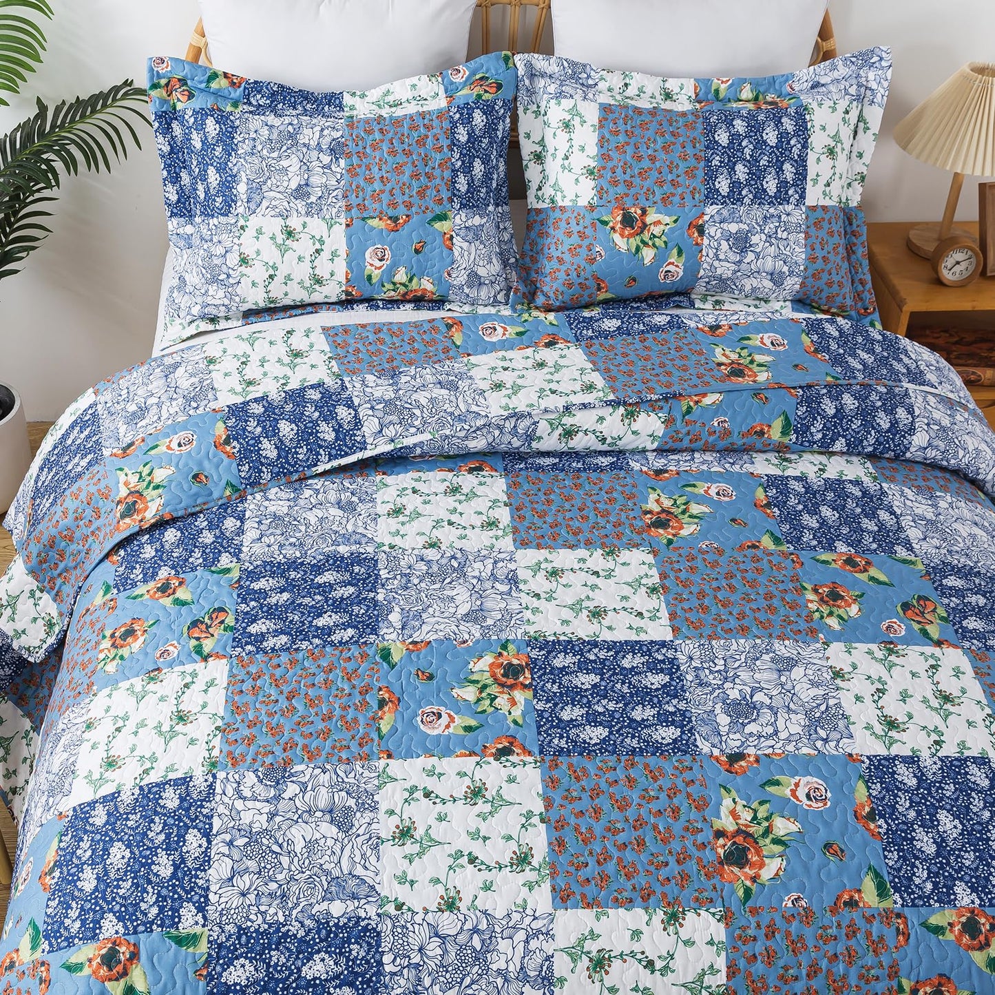 BEDIFANY Quilts Queen Size Bedding Set - Cotton-Filled Lightweight Bedspreads Queen Size (90 x 98 inch) with Garden Pattern - Reversible Farmhouse Queen Quilt Bedding Sets for Decorations, 3 Pieces