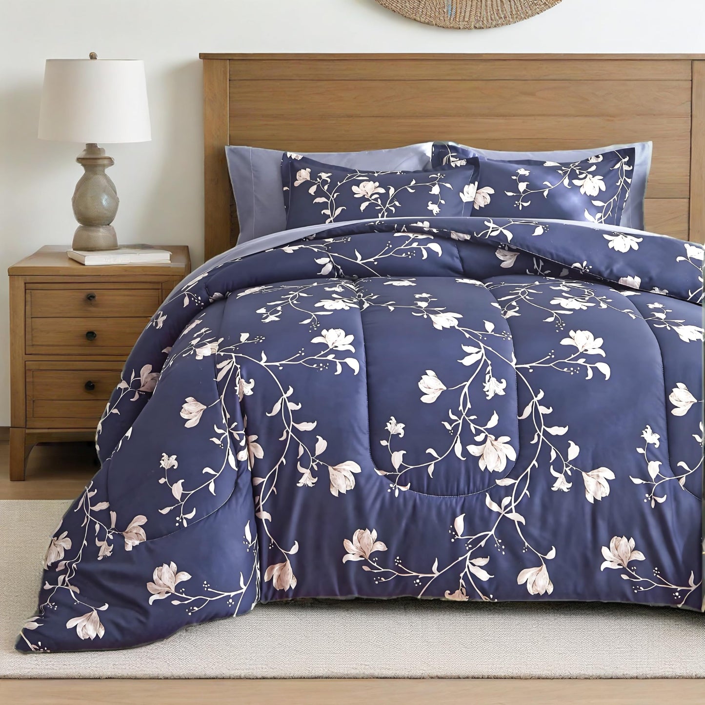 AIKASY Bed in a Bag Queen Comforter Set，7 Pieces Floral Comforter Set Bedding Sets with (1 Comforter, 2 Pillow Shams, 1 Flat Sheet, 1 Fitted Sheet, 2 Pillowcases) (Navy, Queen)