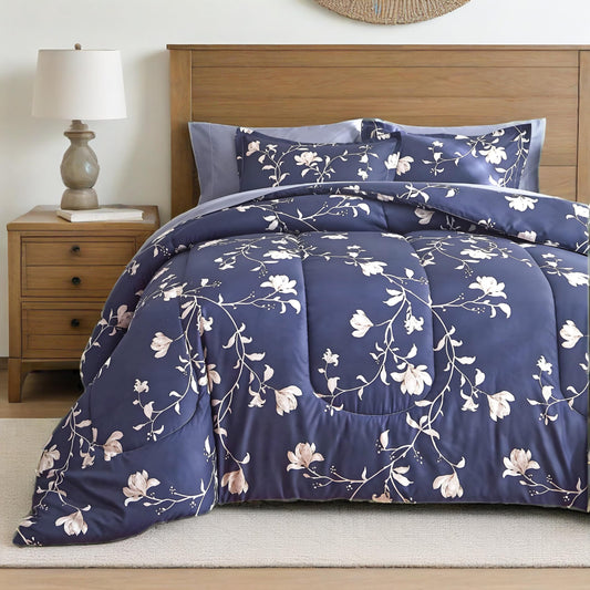 AIKASY Bed in a Bag Queen Comforter Set，7 Pieces Floral Comforter Set Bedding Sets with (1 Comforter, 2 Pillow Shams, 1 Flat Sheet, 1 Fitted Sheet, 2 Pillowcases) (Navy, Queen)
