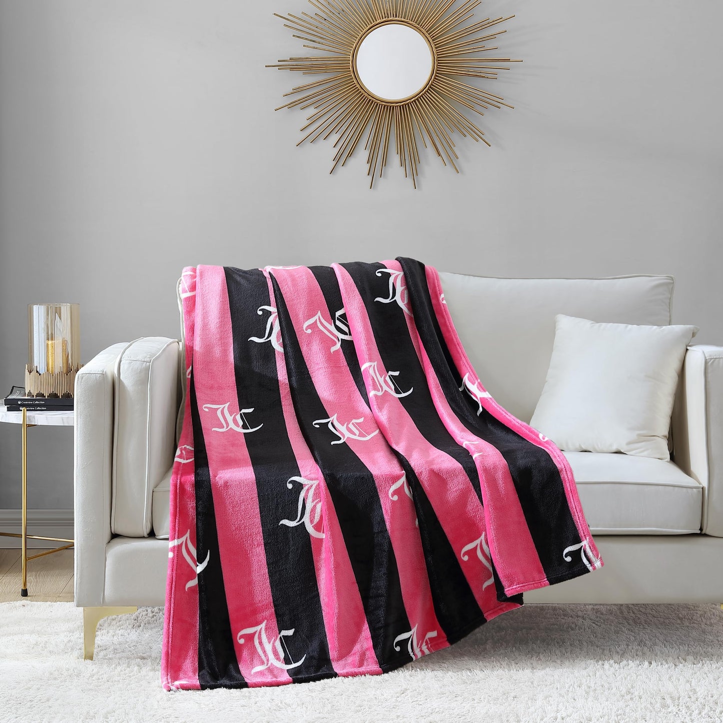 Juicy Couture Cabana Plush Hot Pink Striped 50"X70" Fuzzy Throw Blanket - Luxurious Microfiber Plush Blanket for Ultimate Comfort and Cozy Warmth