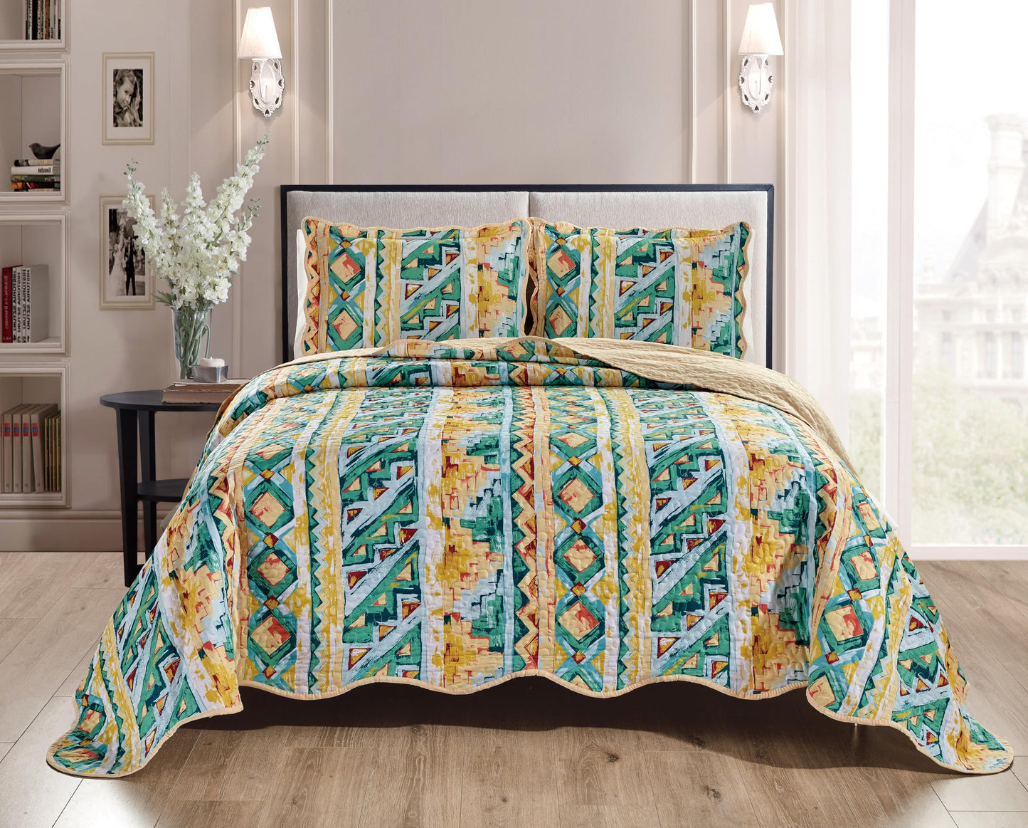 Grand Linen 3-Piece King Size Wave Edged Oversized Quilt Set 120 inch X 106 inch All Seasons Large Bedspread, Pillow Shams Lightweight Soft Coverlet Green Blue Beige Colors Bed Cover Geometric Pattern